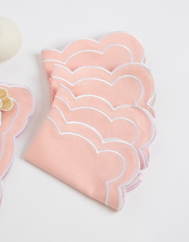 Linen Table Placemat and Napkins Set with Embroidered Scalloped Edges-3