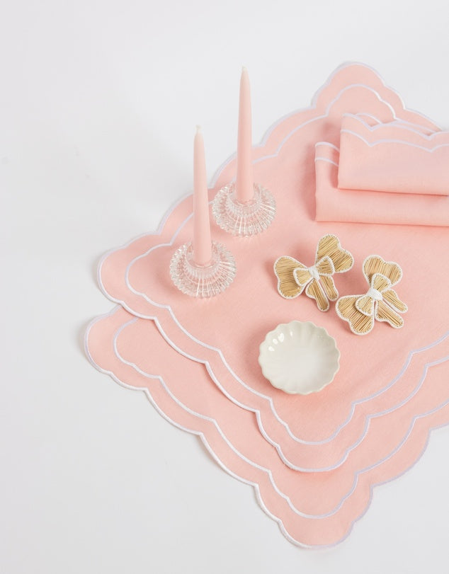 Linen Table Placemat and Napkins Set with Embroidered Scalloped Edges-4