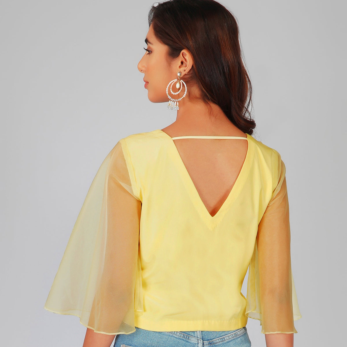 Butter Yellow Crepe Crop Top with Organza Bell Sleeves & Sequin Embroidery-3