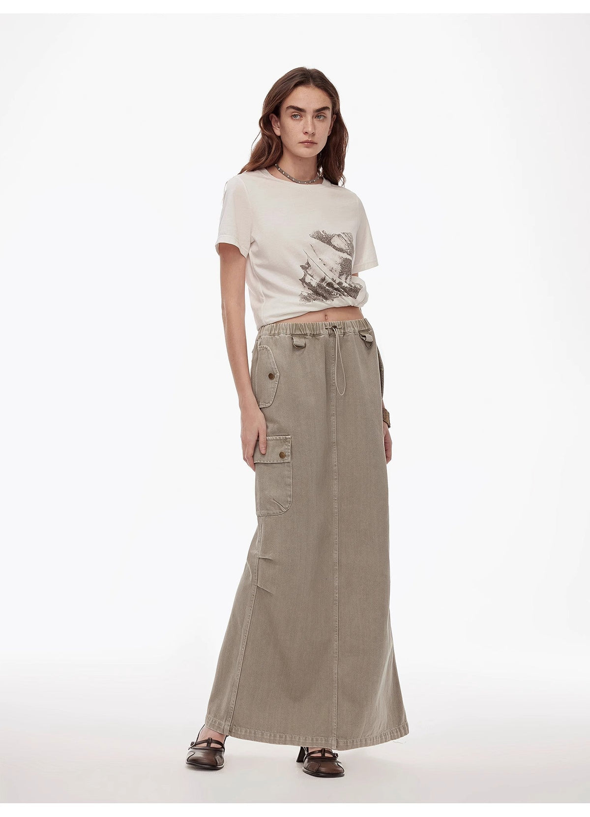 "Dune Fantasy" Wasteland Style Washed Drawstring Elastic Low Rise Straight Workwear Denim Skirt-0