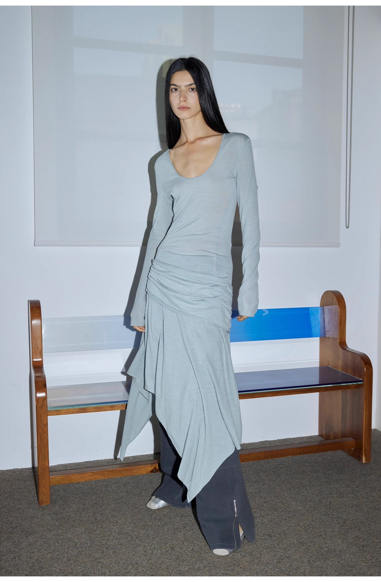 "Dreamy Ball" Lightweight and Breathable 100% Wool / U-neck Irregular Hem Long Dress for Women-0