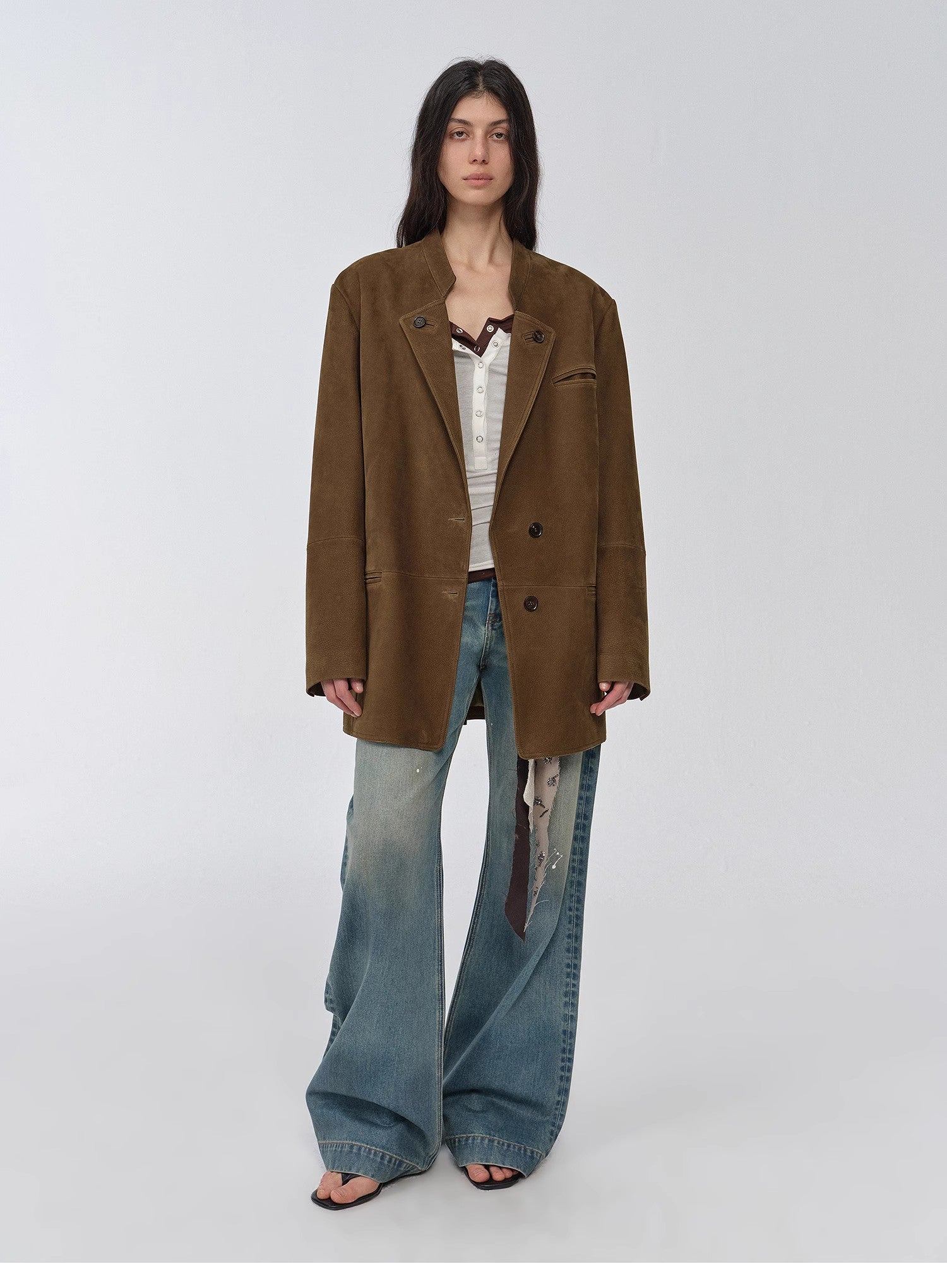 "Bavaria" vintage suede/waxy goatskin leather mid-length suit jacket-0