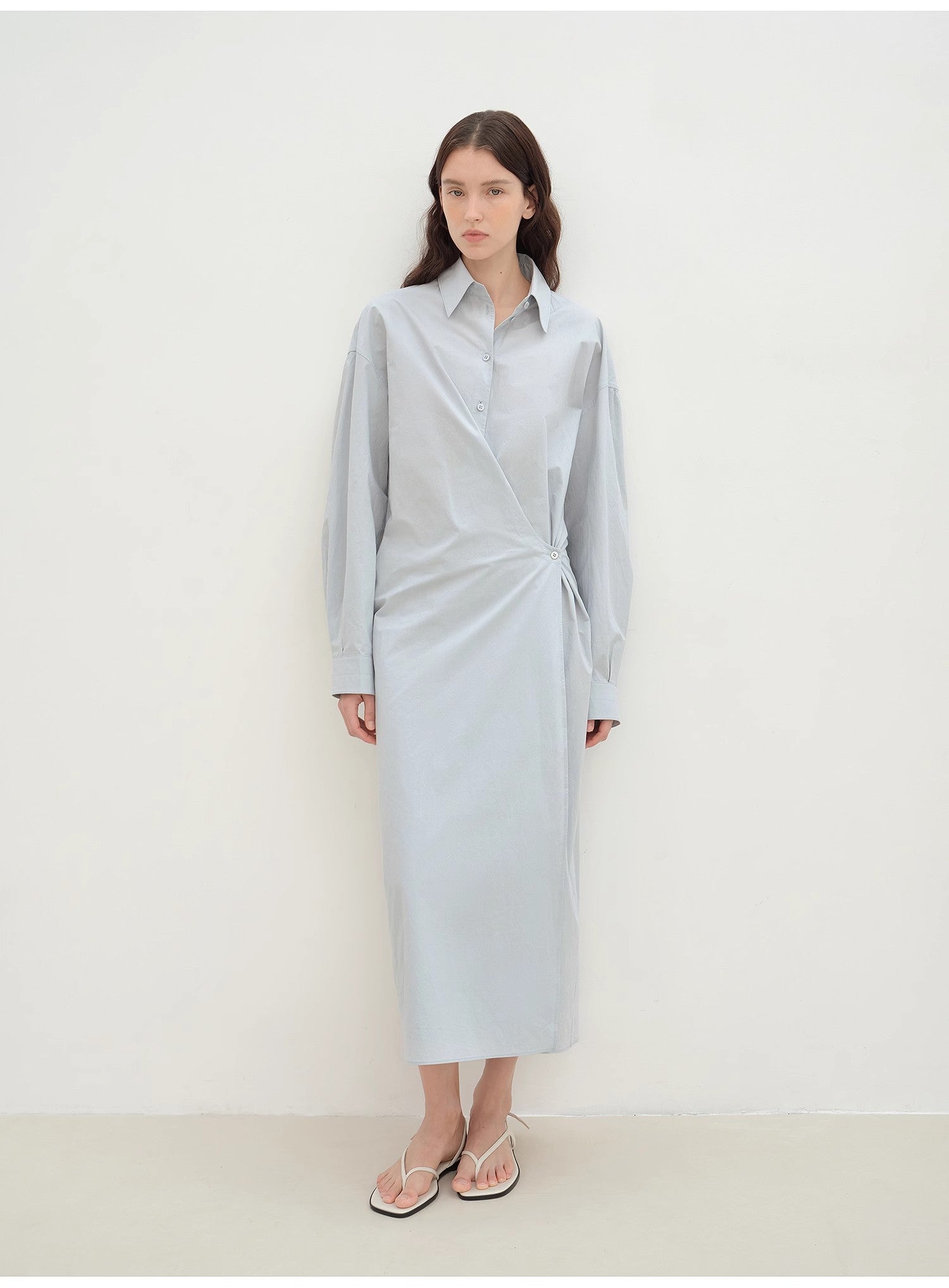 "Romantic Vibes" Cross-Placket Loose Long-Staple Cotton Shirt Dress-1
