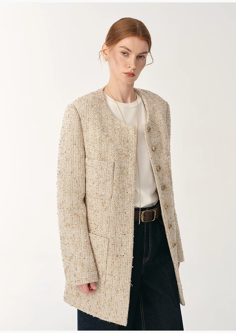 Heavy wool tweed high-end exquisite round neck patch pocket slim Chanel jacket for women-3