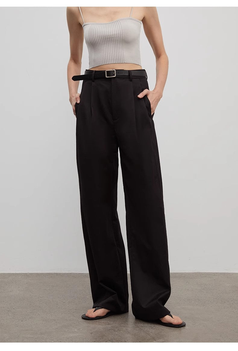 Spliced double-pleat wide-leg trousers straight-leg trousers for women-4