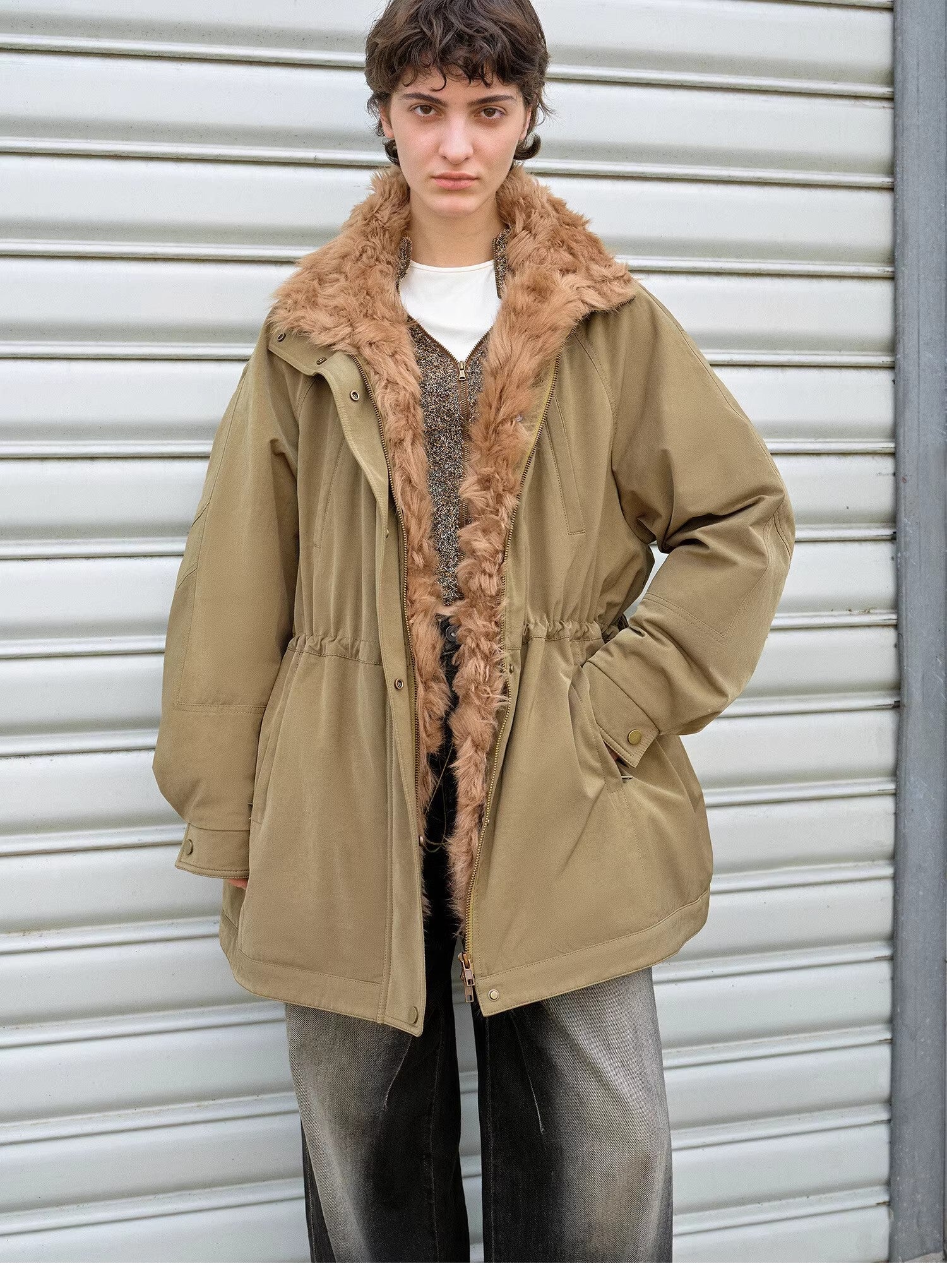 "Amber Pine Forest" fashionable Toka curly collar 90 goose down H-type drawstring mid-length parka down jacket-4