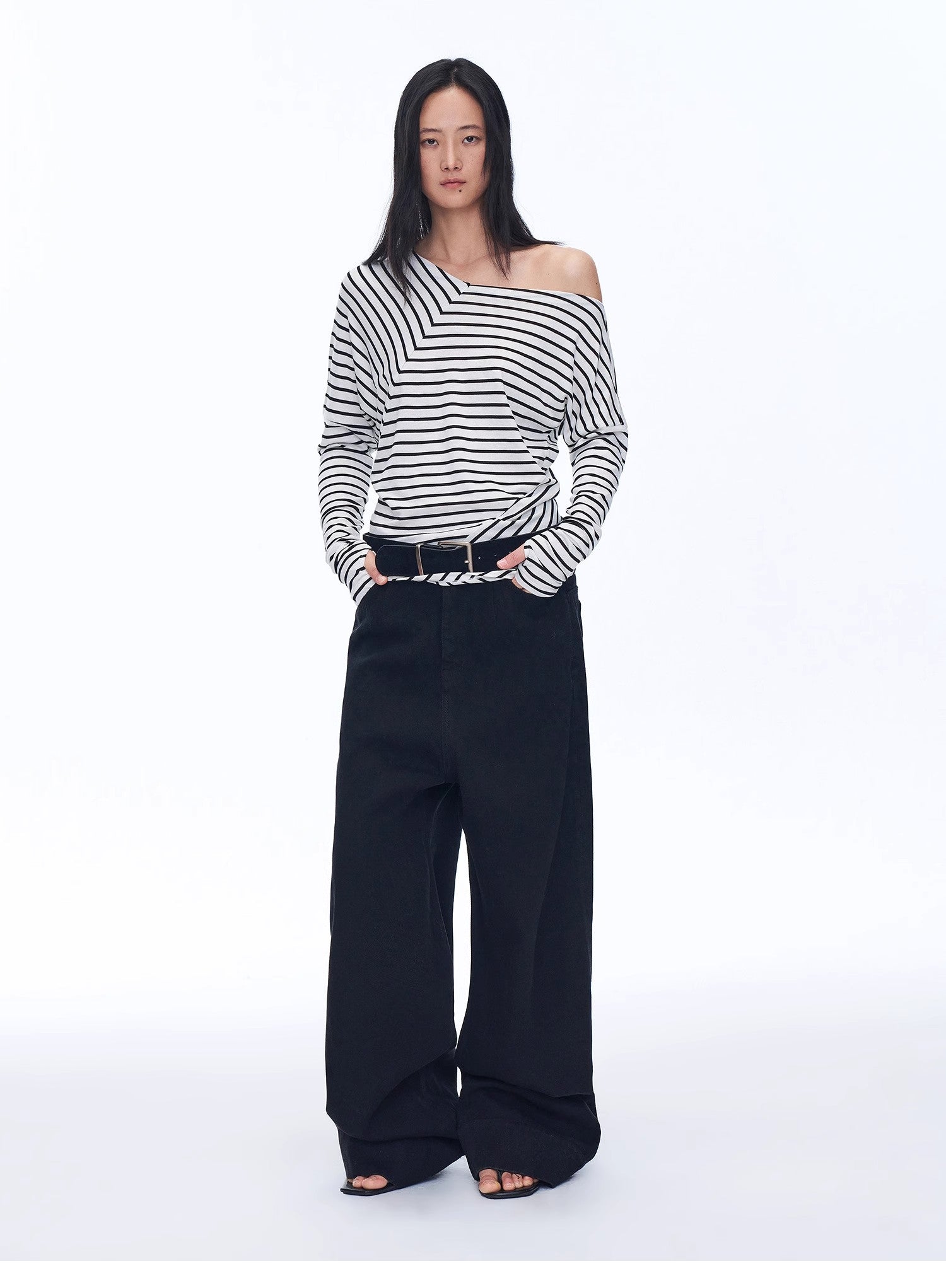 "Picasso Lines" fashionable off-shoulder Lyocell Tencel wool blended draped patchwork striped T-shirt-0