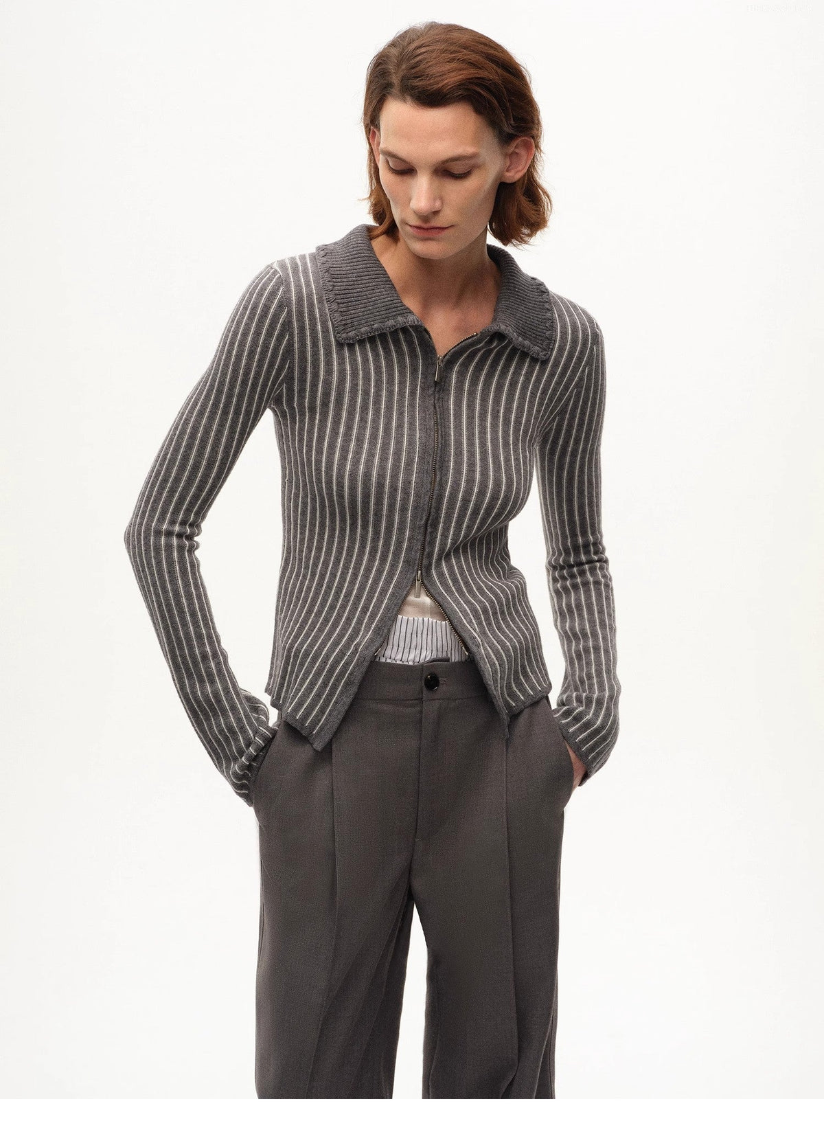 [FF×JW joint striped fabric] Slim-fitting crocheted lapel color-blocked striped comfortable wool knitted cardigan-4