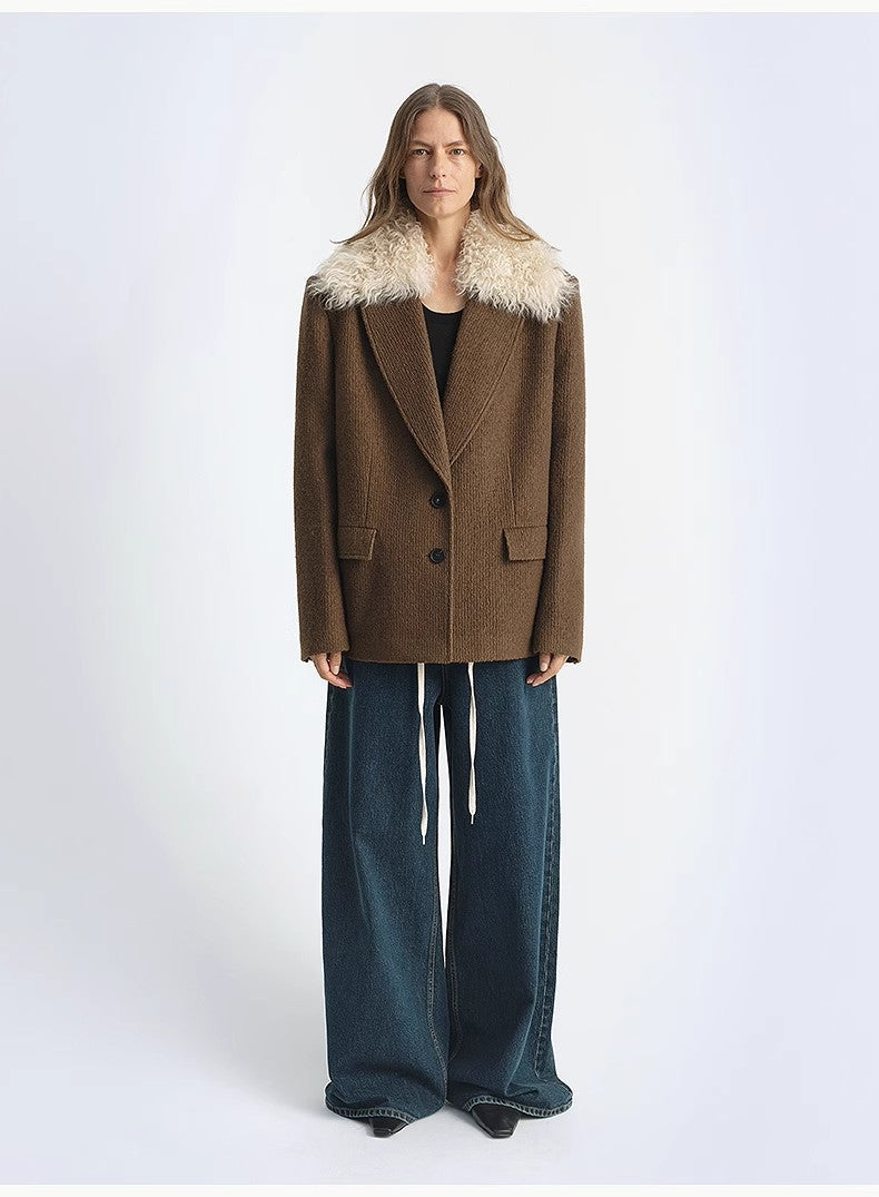 "Vertical Texture" Wool Tweed Coat Detachable Fur Collar Suit Parker-0