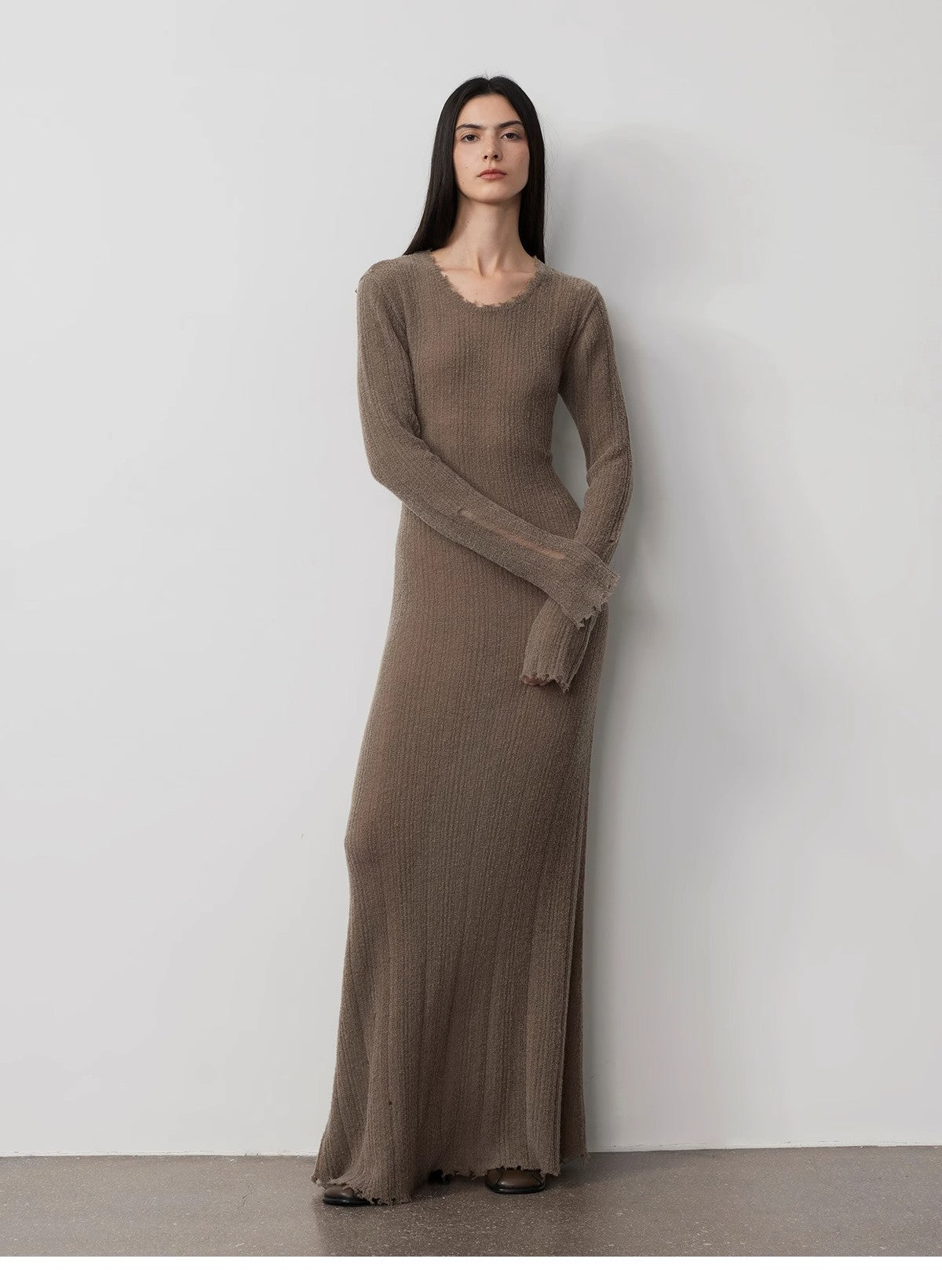Wool looped yarn raw edge ripped and drapey long dress with a slim fit-0