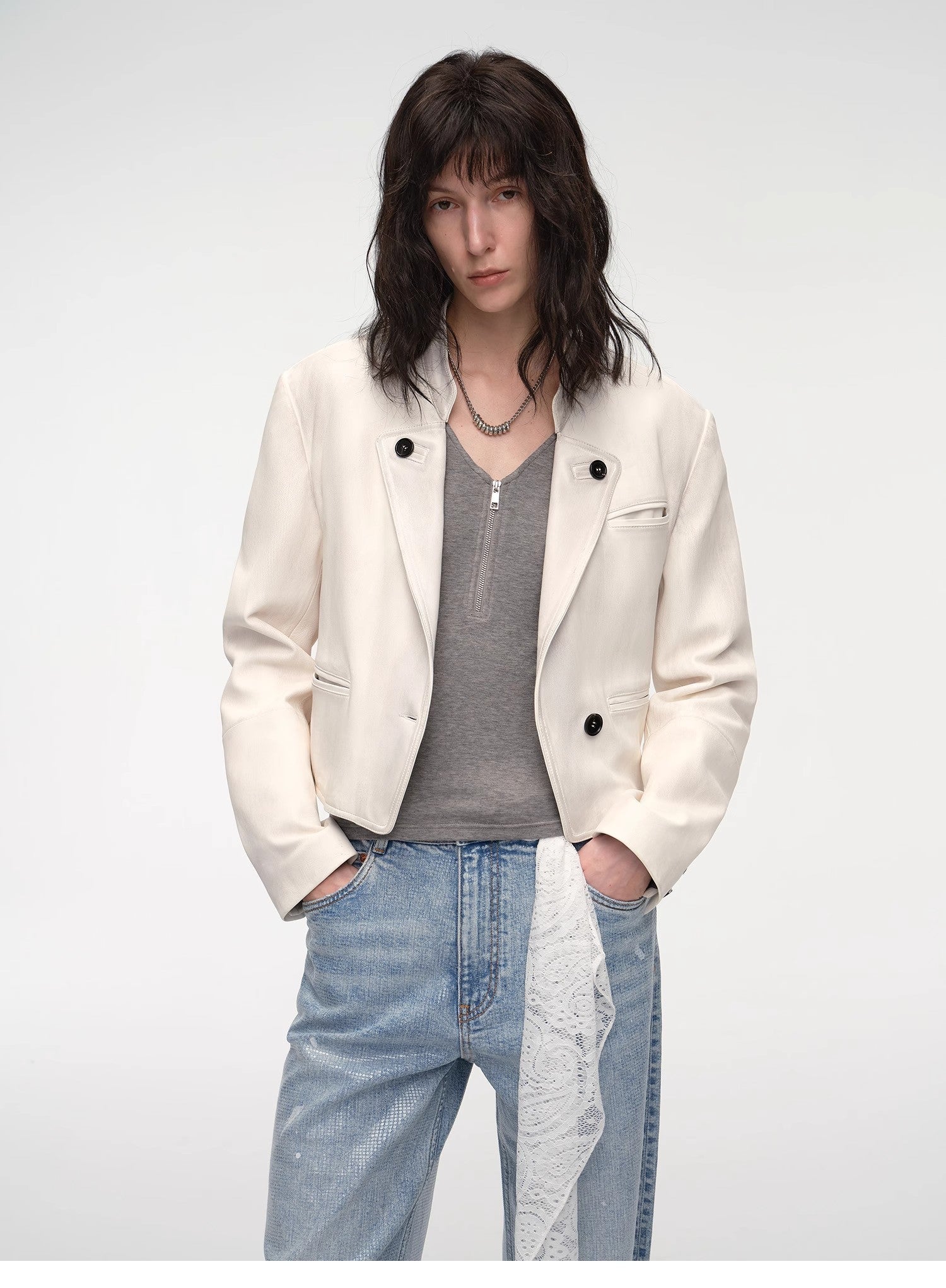 "Roman Story" Stand Collar Suit Sheepskin Leather Short Jacket-1