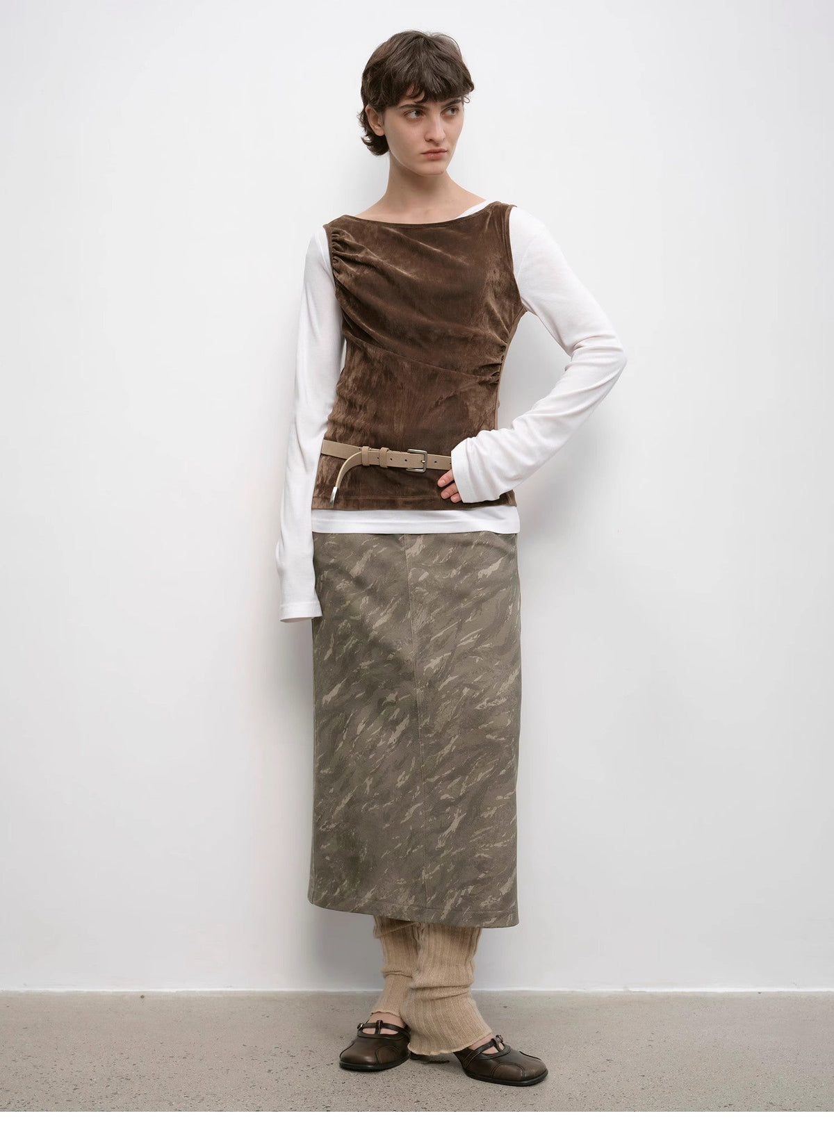 "Thousand Layers of Echoes" Chenille Original Print Camouflage Retro Distressed Straight Mid-Waist Skirt-0