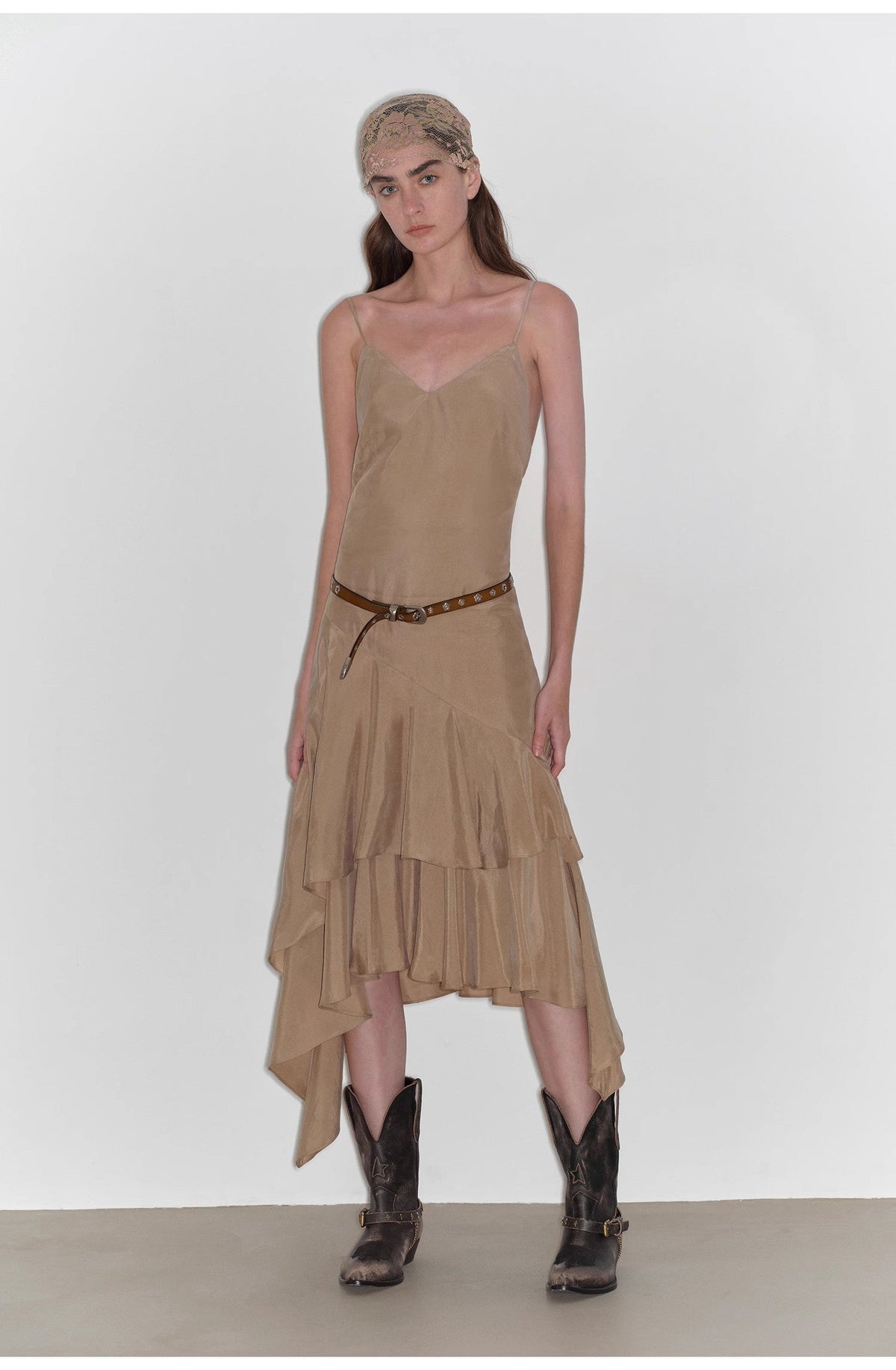 "Heart-beating Invitation" Lazy copper-ammonia rayon V-neck irregular adjustable mid-length suspender dress-0