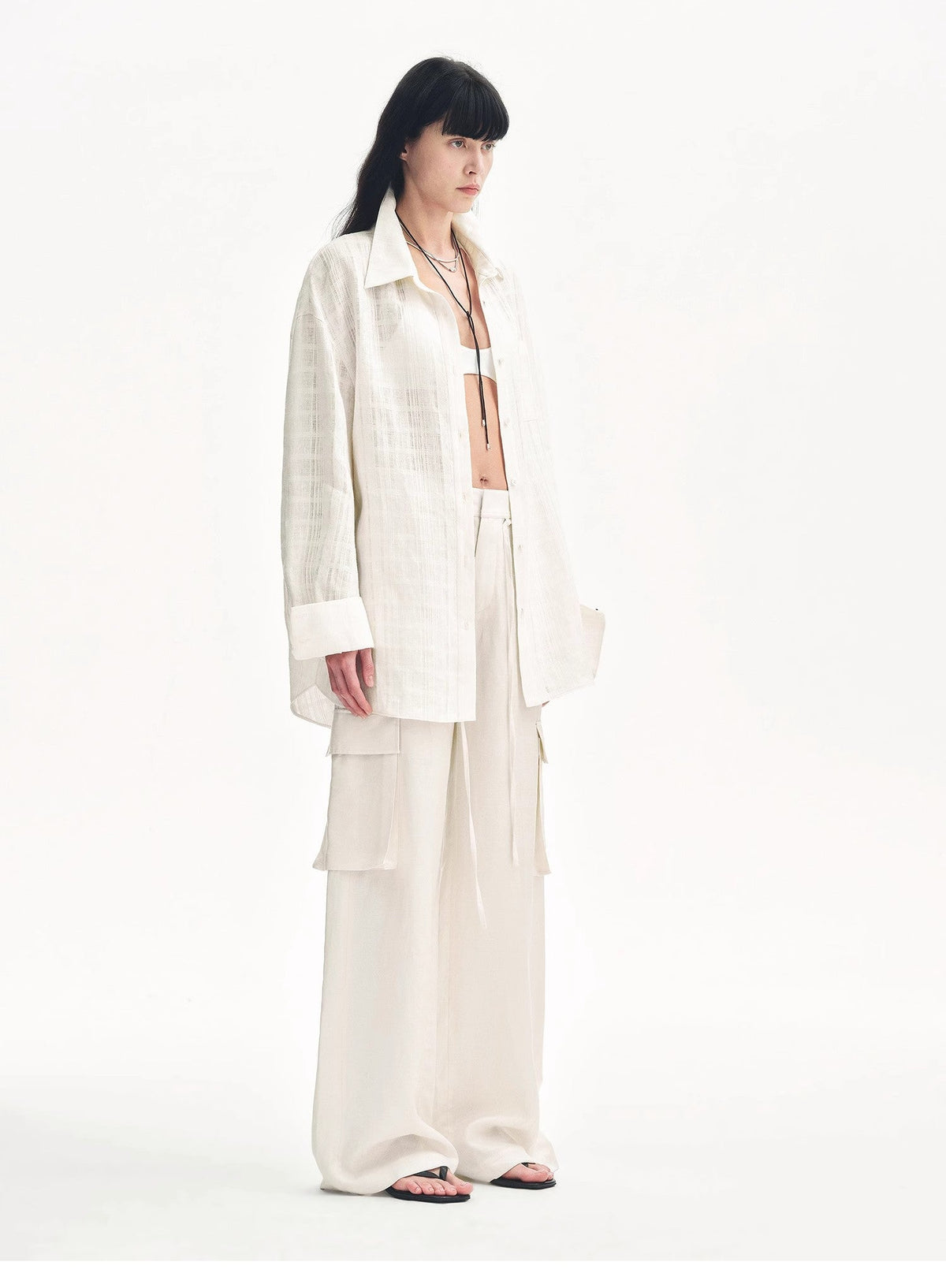 "Rhythm in the Same Frequency" Tencel linen workwear style wide-leg casual pants-4