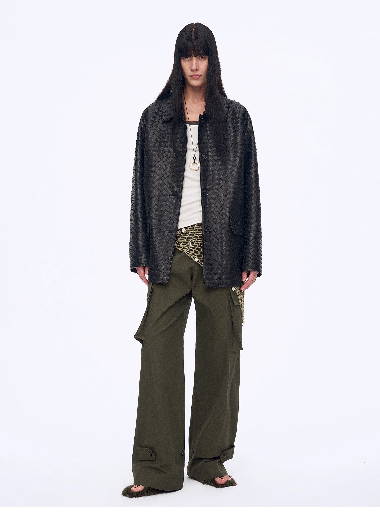 "Rembrandt Night" New Zealand imported lambskin perforated woven leather jacket spring-0