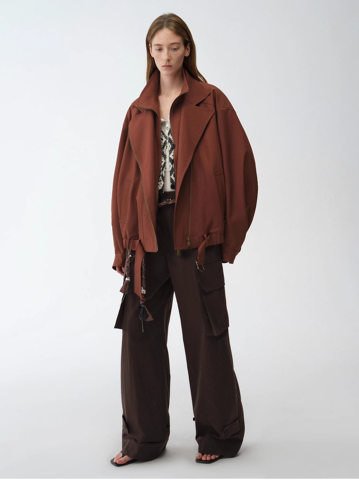 "Leisure First" Personalized three-dimensional large patch pocket straight wide-leg work trousers-0