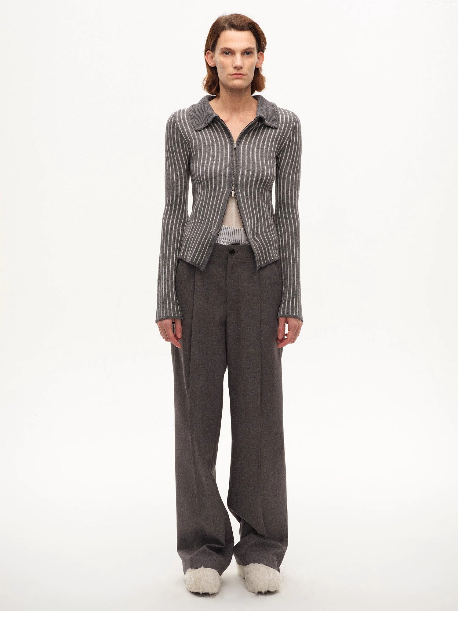 [FF×JW joint striped fabric] Slim-fitting crocheted lapel color-blocked striped comfortable wool knitted cardigan-0