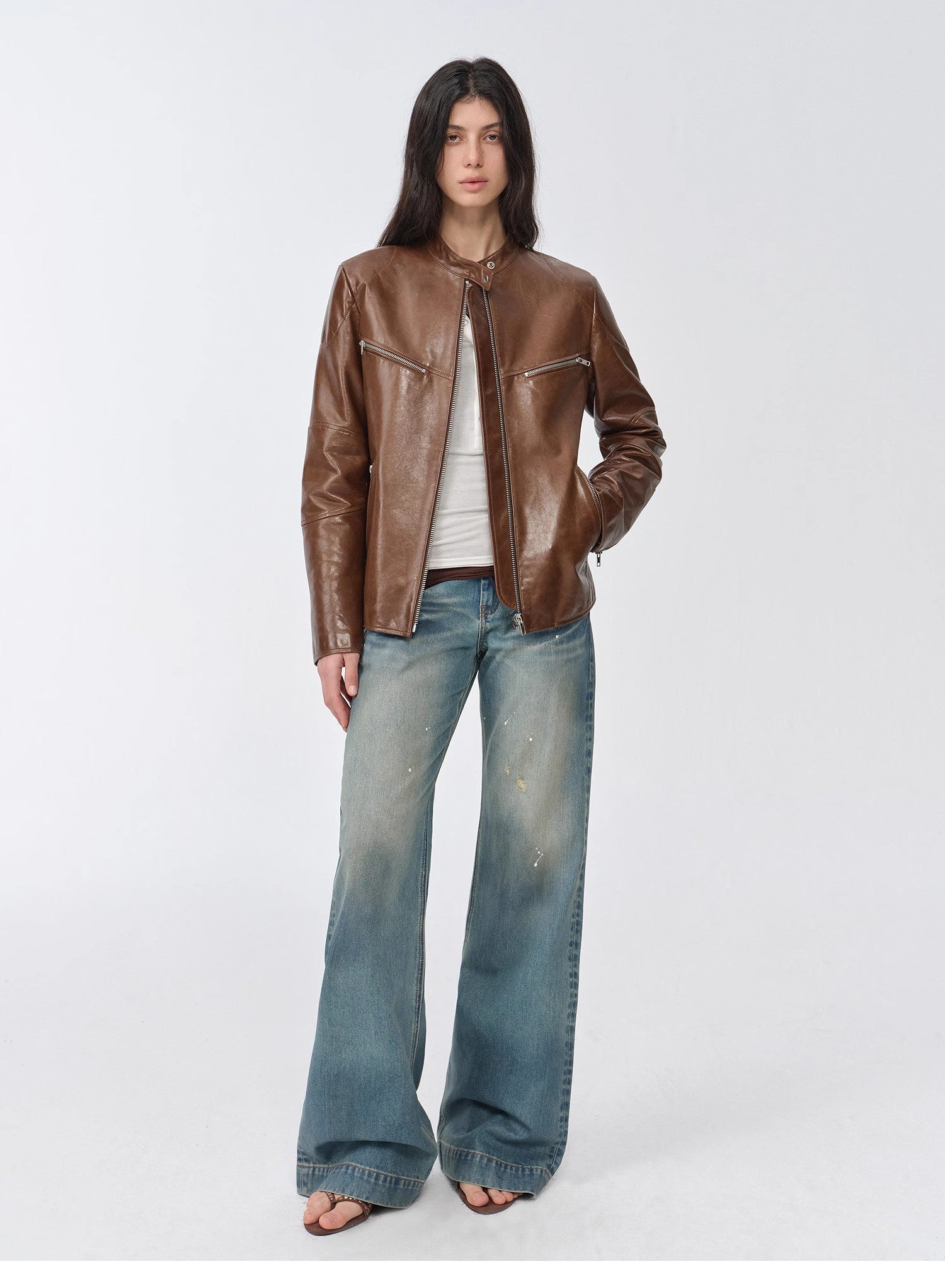 "Manhattan Dark Night" New Zealand imported waxed sheepskin/cowhide vintage motorcycle leather jacket-0