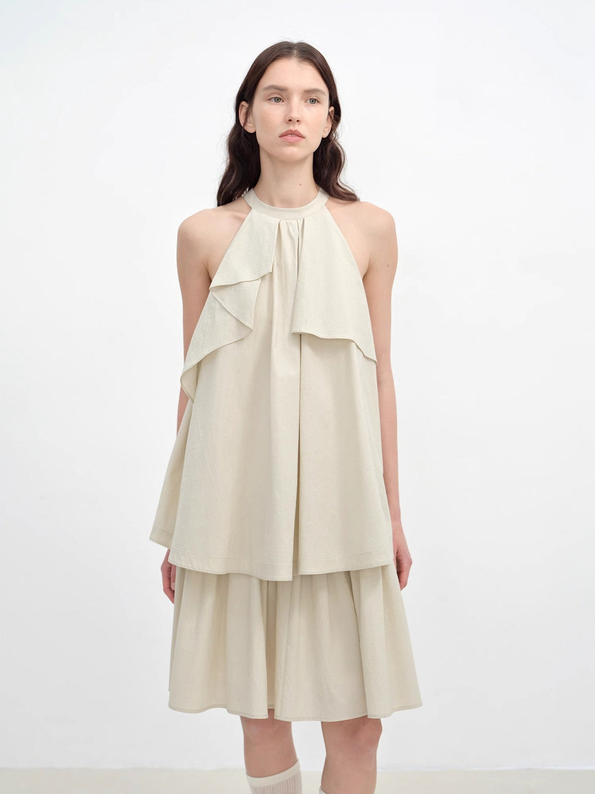 "Floating Island Manor" small stand-up collar design asymmetrical halter dress-0