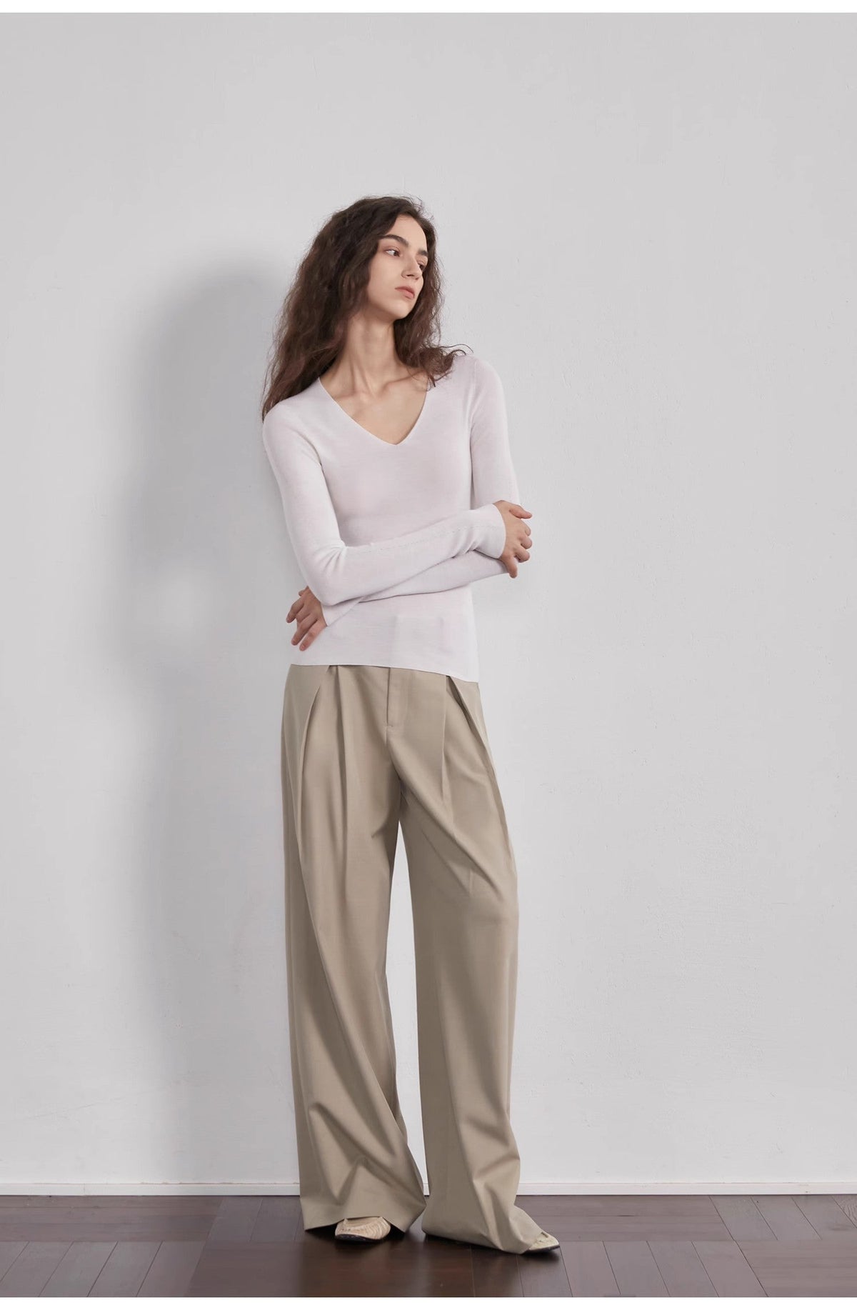 “Street Sketch”Fine-Spun Wool Fashion, Waistless Pleated Loose-Fitting Straight-Leg and Wide-Leg Casual Trousers for Women-1
