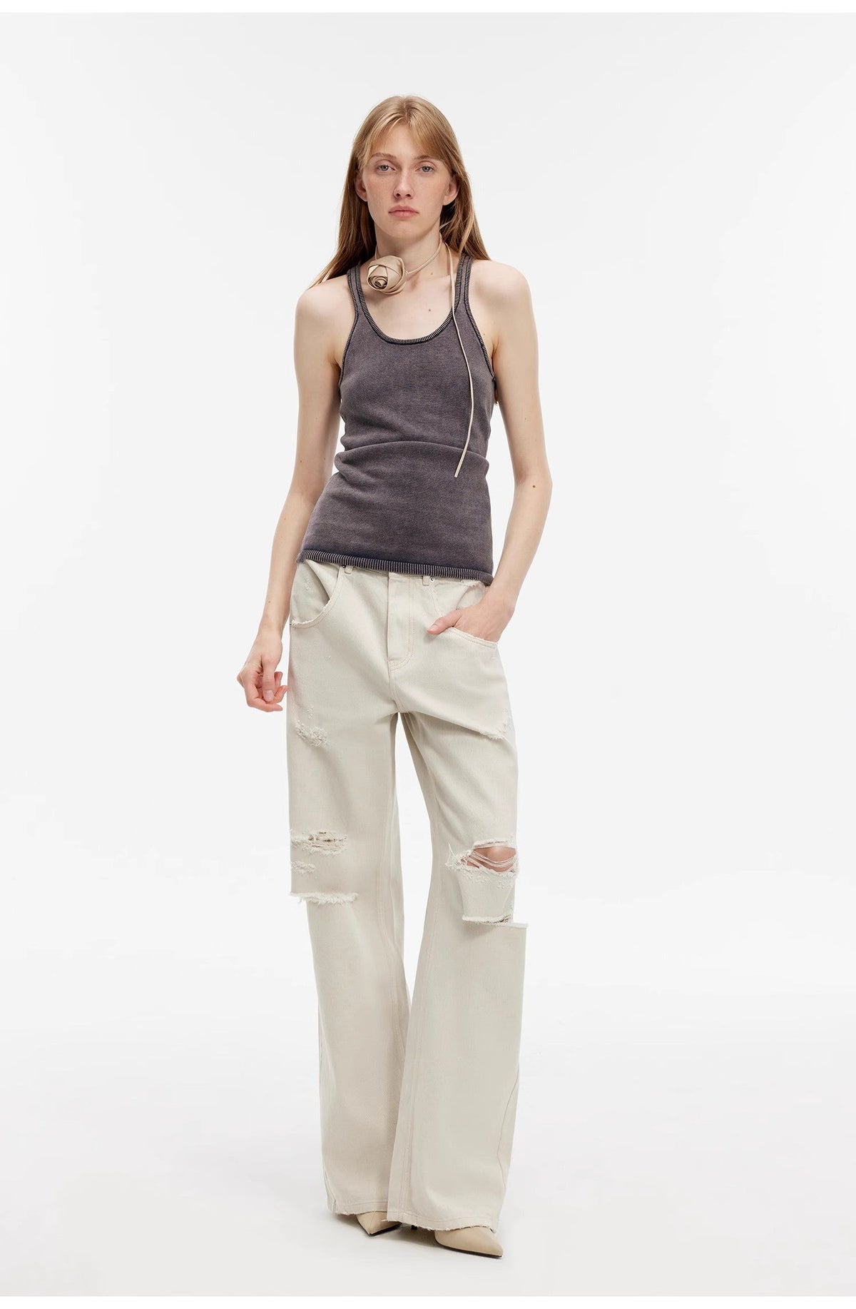 "Gray and Denim" stylish and personalized Turkish washed retro distressed holes straight flared jeans-0