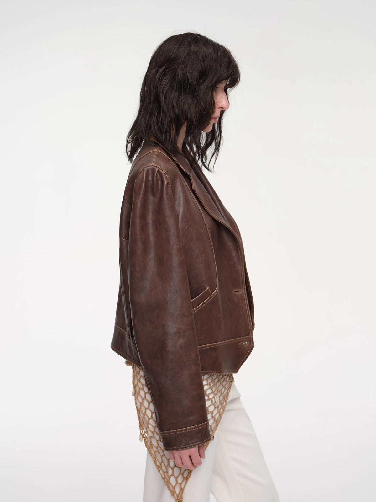 "Vintage Old Stories" New Zealand imported waxed sheepskin distressed short leather jacket-4