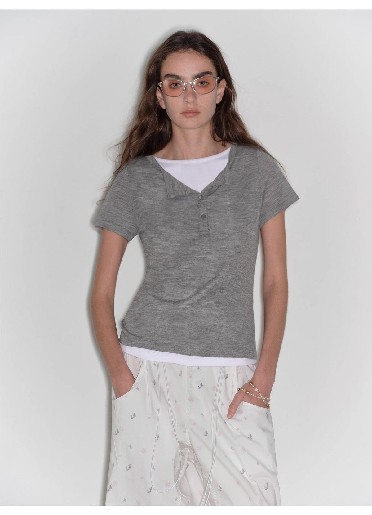 "Simple Advent" Fine Australian Wool Skin-Friendly Fit Henley Neck Tight T-Shirt-1