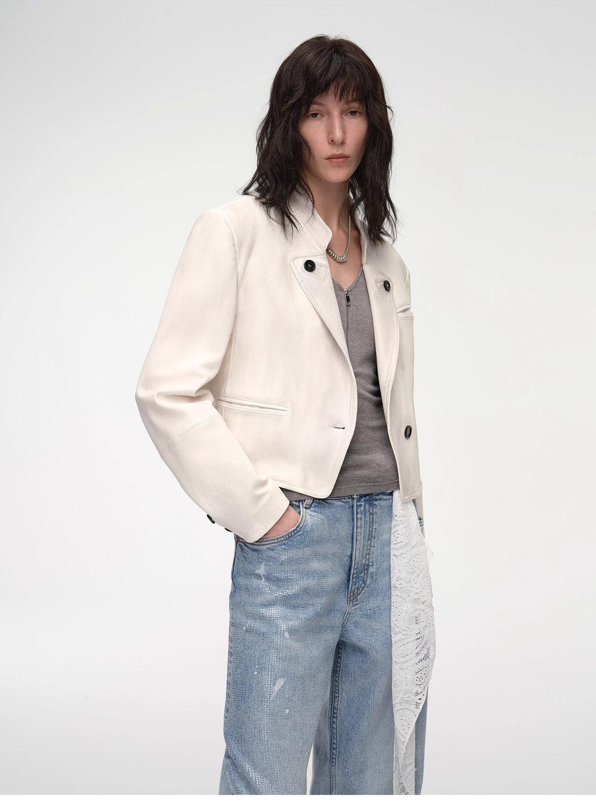 "Roman Story" Stand Collar Suit Sheepskin Leather Short Jacket-4