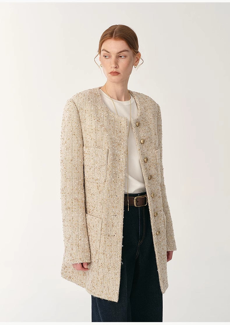 Heavy wool tweed high-end exquisite round neck patch pocket slim Chanel jacket for women-2