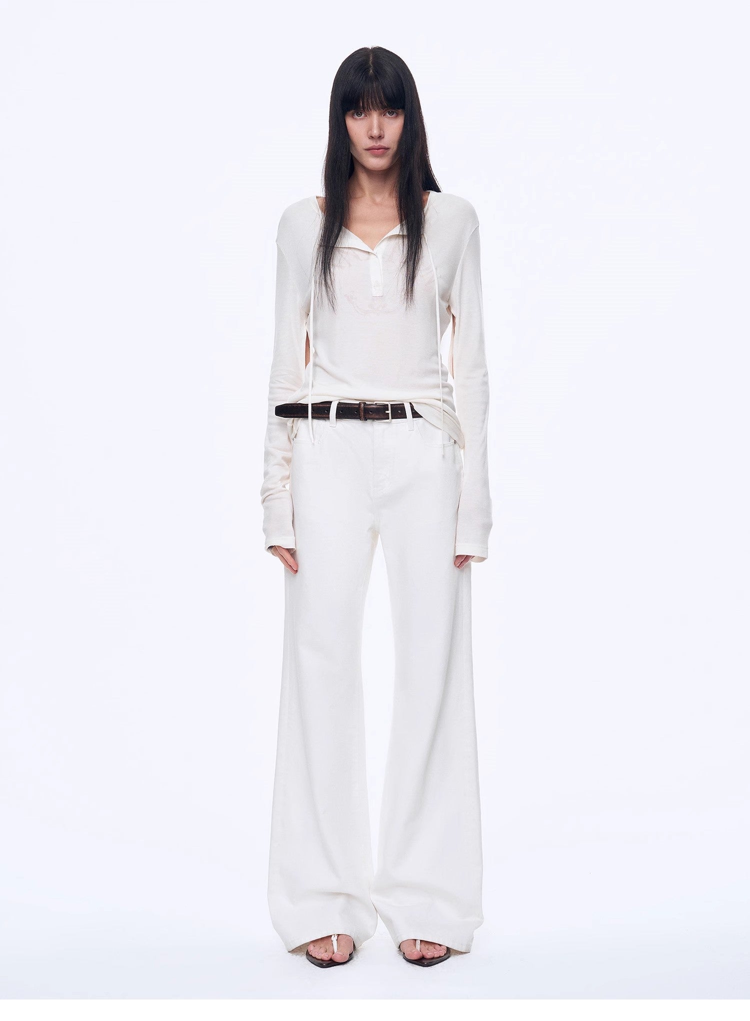 "Minimal Message" ethnic print modal knit henley collar tie long sleeve T-shirt top-0