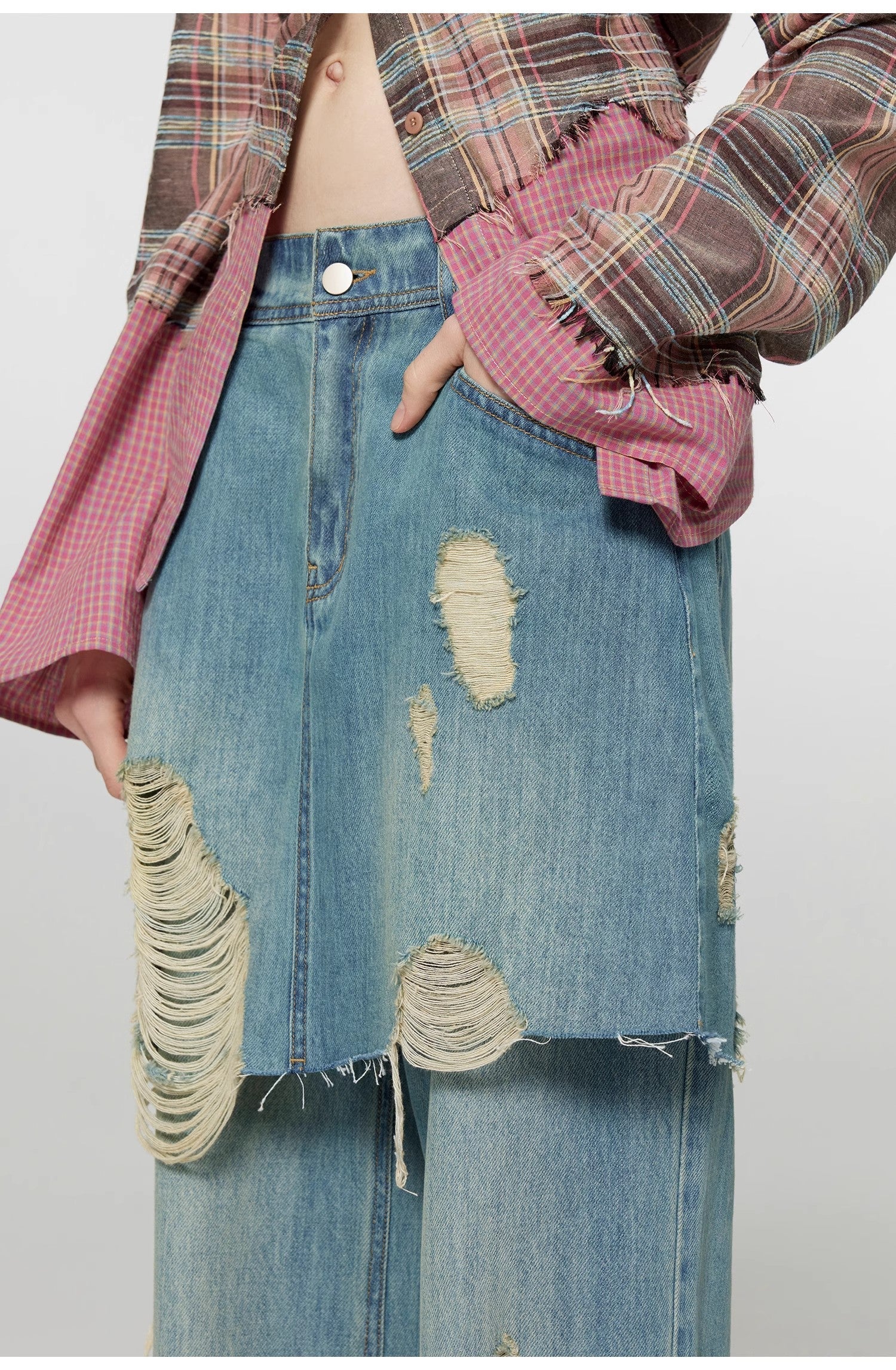 "Fashionable Sniper" Tencel blended fake two-piece stitching jeans women's ripped raw edge straight wide-leg pants-4