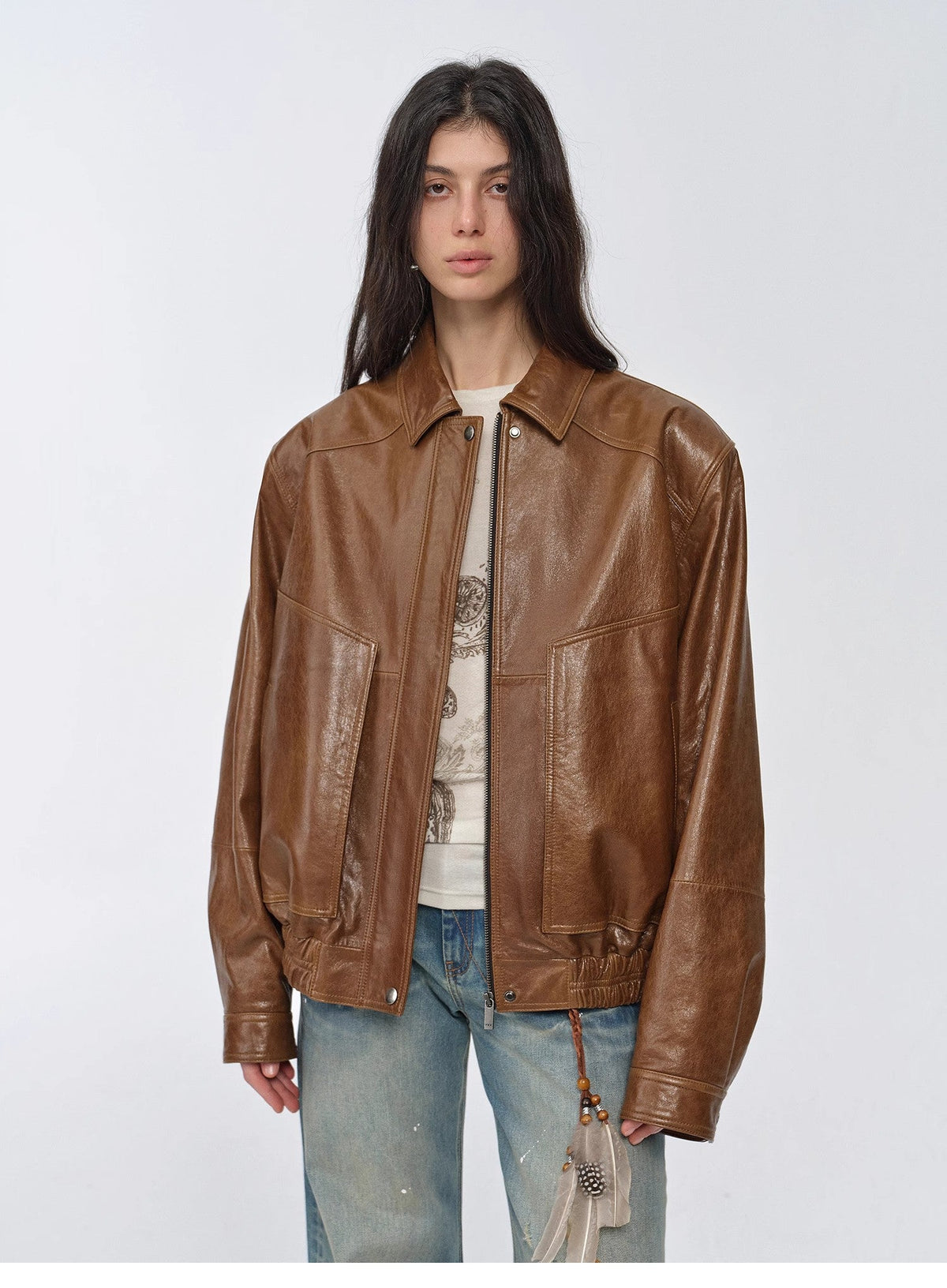 "Fashionable Luke" imported waxed sheep leather retro work jacket coat for women-4