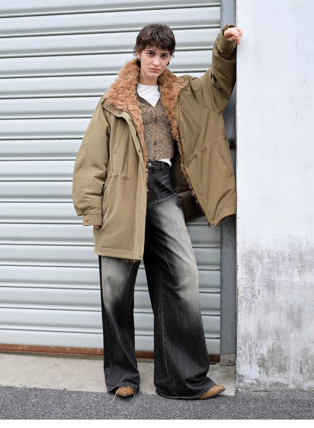 "Amber Pine Forest" fashionable Toka curly collar 90 goose down H-type drawstring mid-length parka down jacket-0