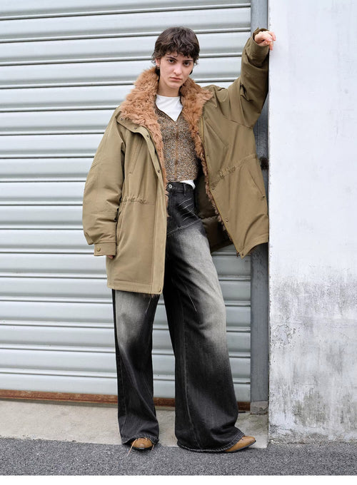 "Amber Pine Forest" fashionable Toka curly collar 90 goose down H-type drawstring mid-length parka down jacket-0