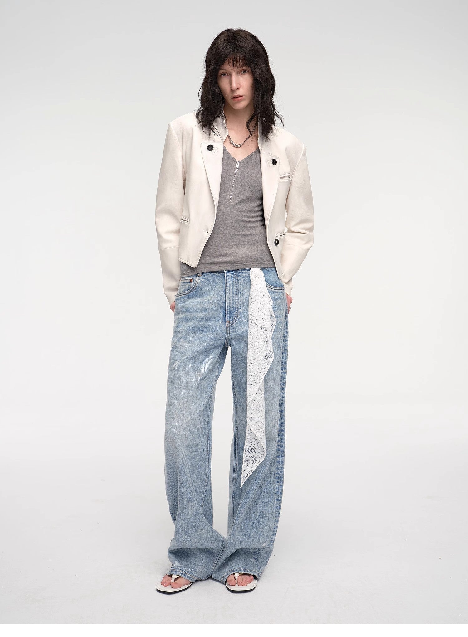 "Roman Story" Stand Collar Suit Sheepskin Leather Short Jacket-0