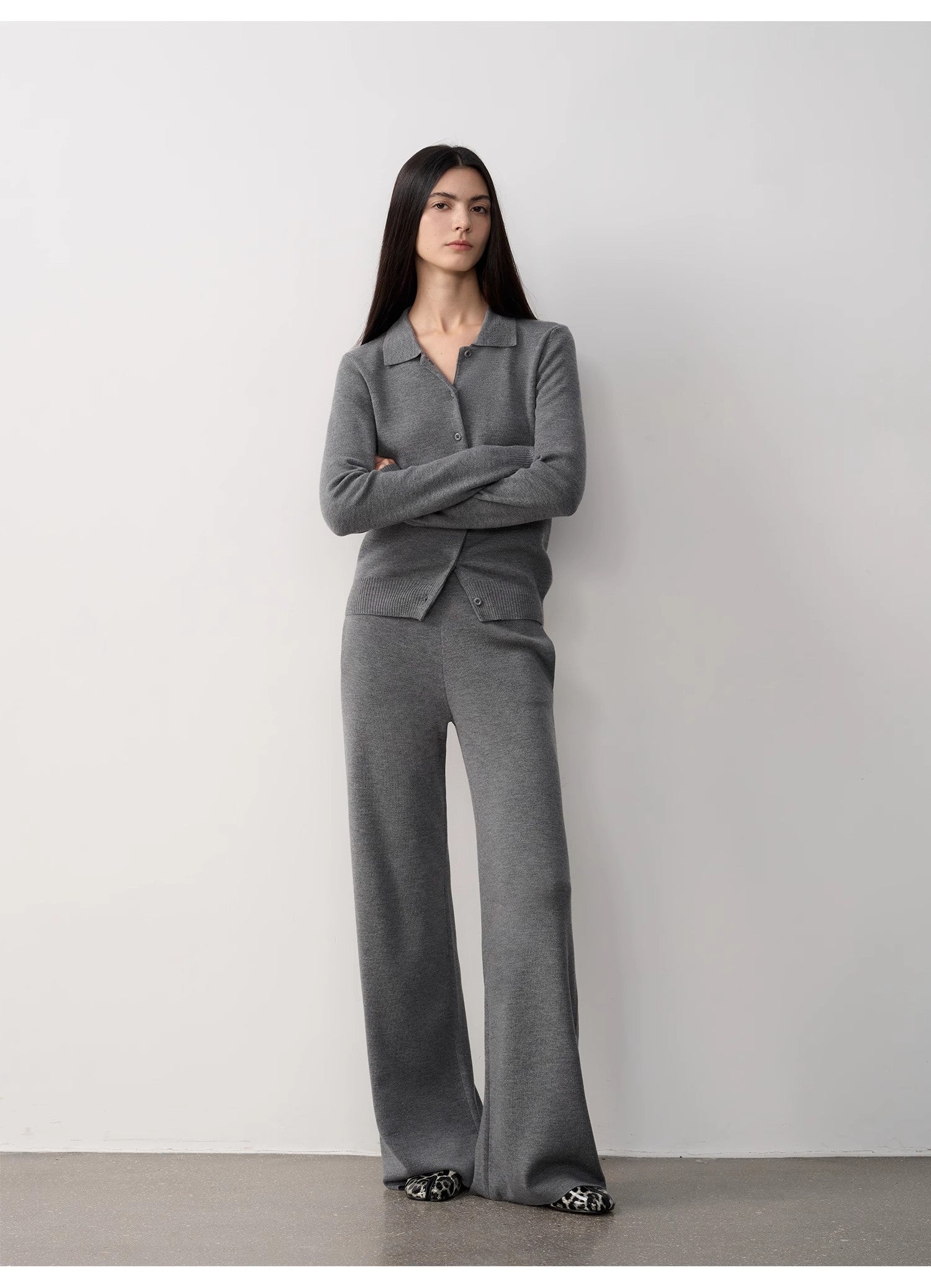 "Lazy urban" Yangtze Merino wool polo-neck cardigan straight-leg knitted pants suit-8