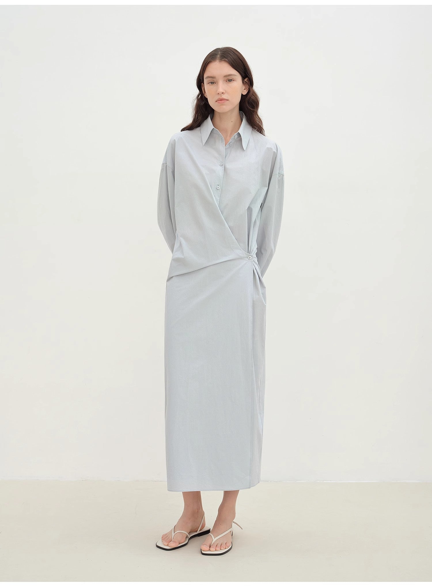 "Romantic Vibes" Cross-Placket Loose Long-Staple Cotton Shirt Dress-4