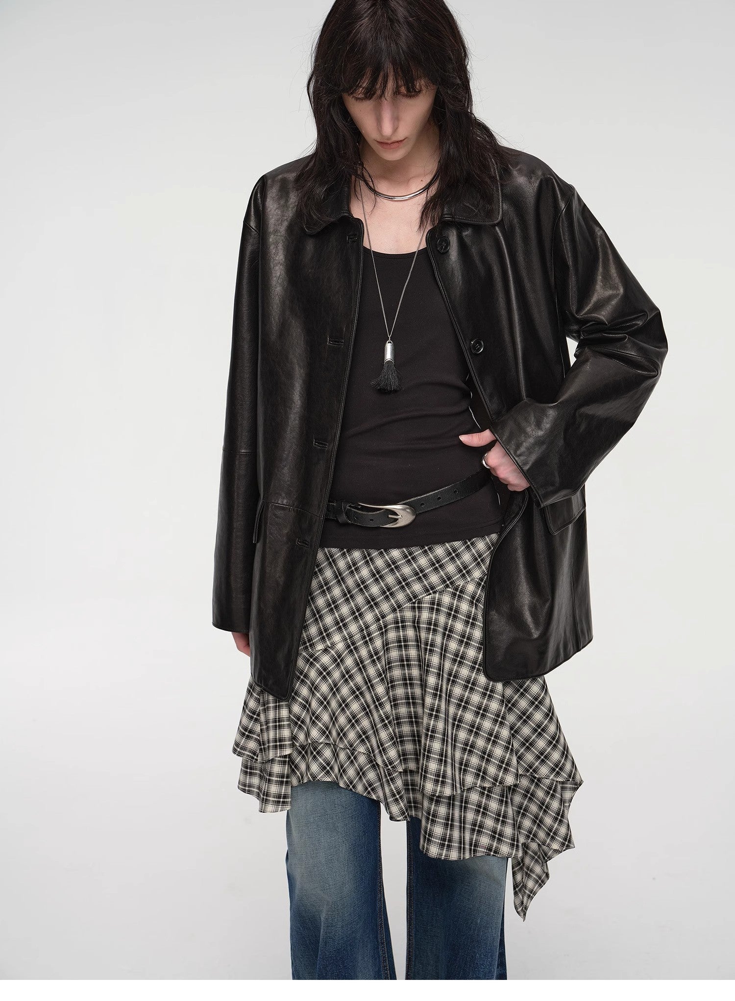 "Fashionable Kuoxi" goatskin simple and versatile retro suit-style leather windbreaker jacket-1