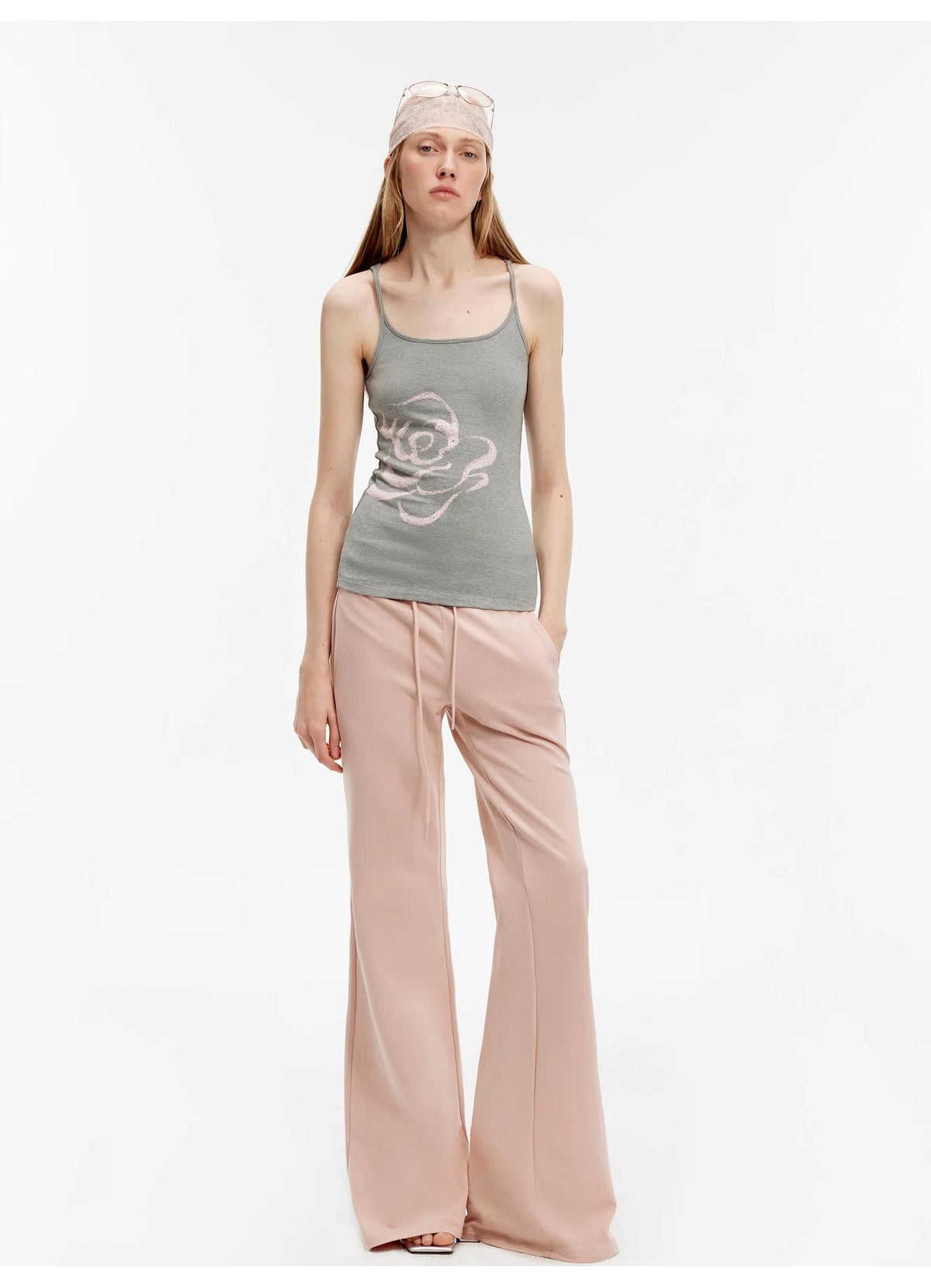 "American High Street" air-spun OE cotton fashionable low-rise fit wide waist drawstring flared pants-0