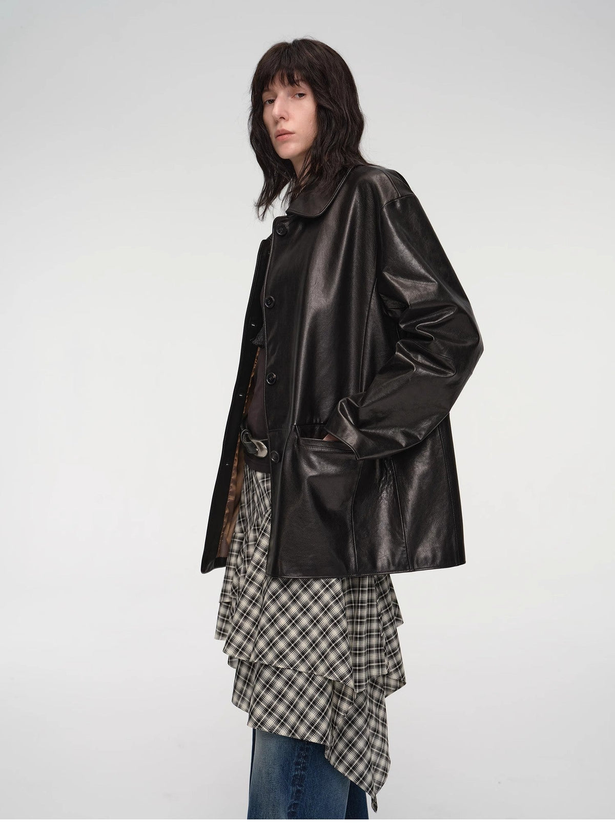 "Fashionable Kuoxi" goatskin simple and versatile retro suit-style leather windbreaker jacket-4