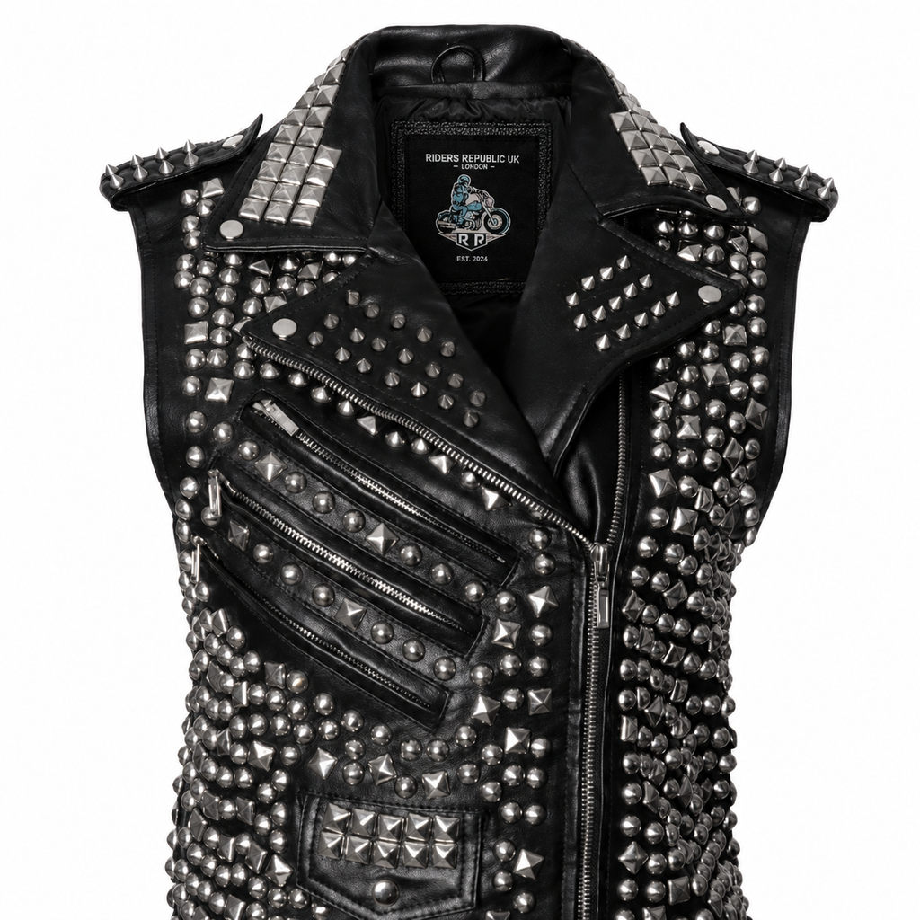 Men’s Studded Leather Vest with Silver Studs & Zipper Pockets-4