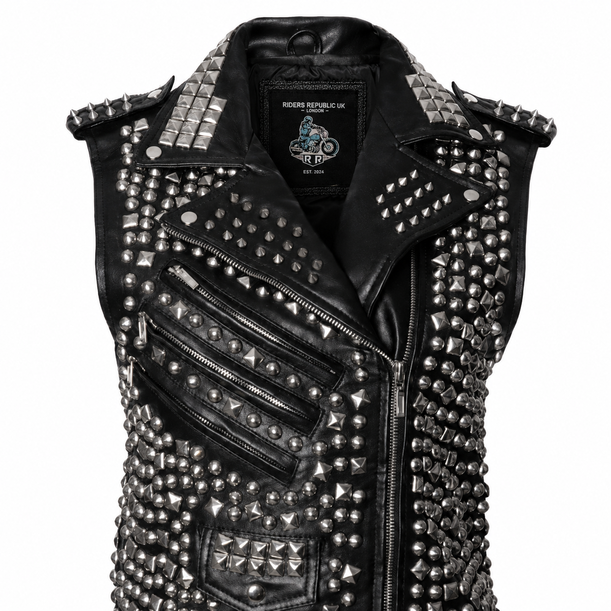 Men’s Studded Leather Vest with Silver Studs & Zipper Pockets-4