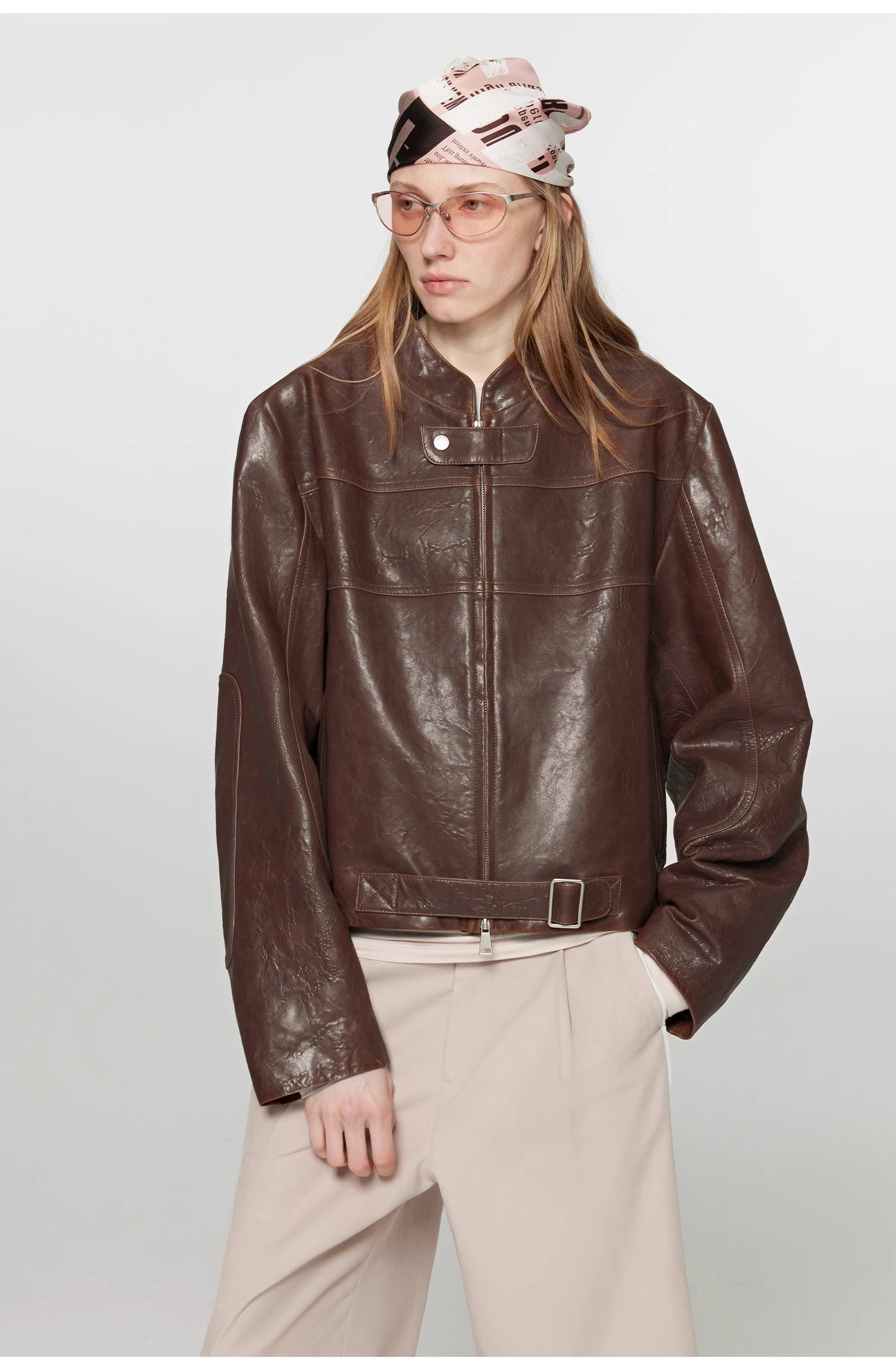 Caramel Mountain Retro Leather Stand Collar Short Motorcycle Jacket-4