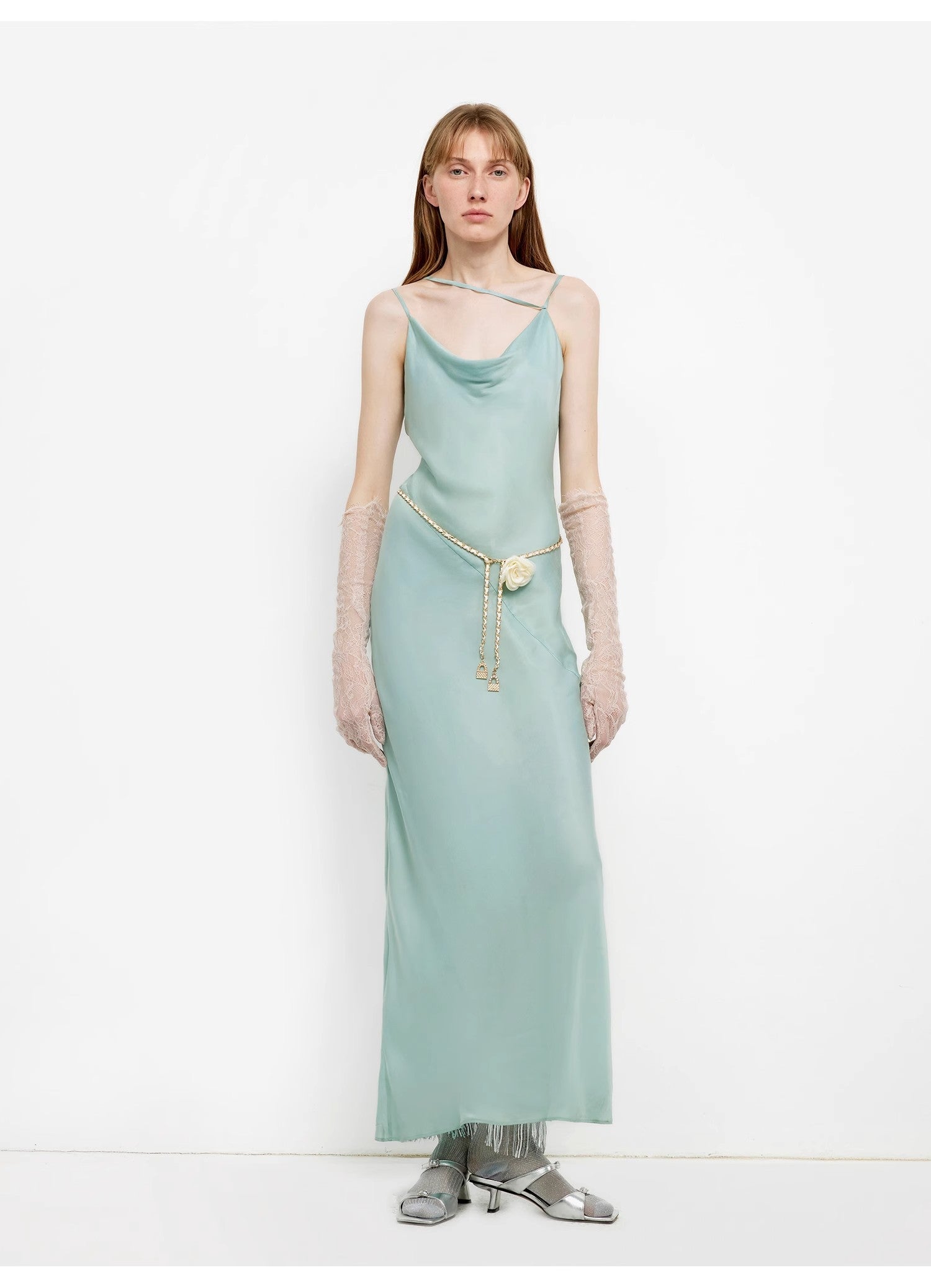 "Island Riddle" Glossy copper-ammonia silk satin light luxury swing collar slim fishtail suspender dress-0