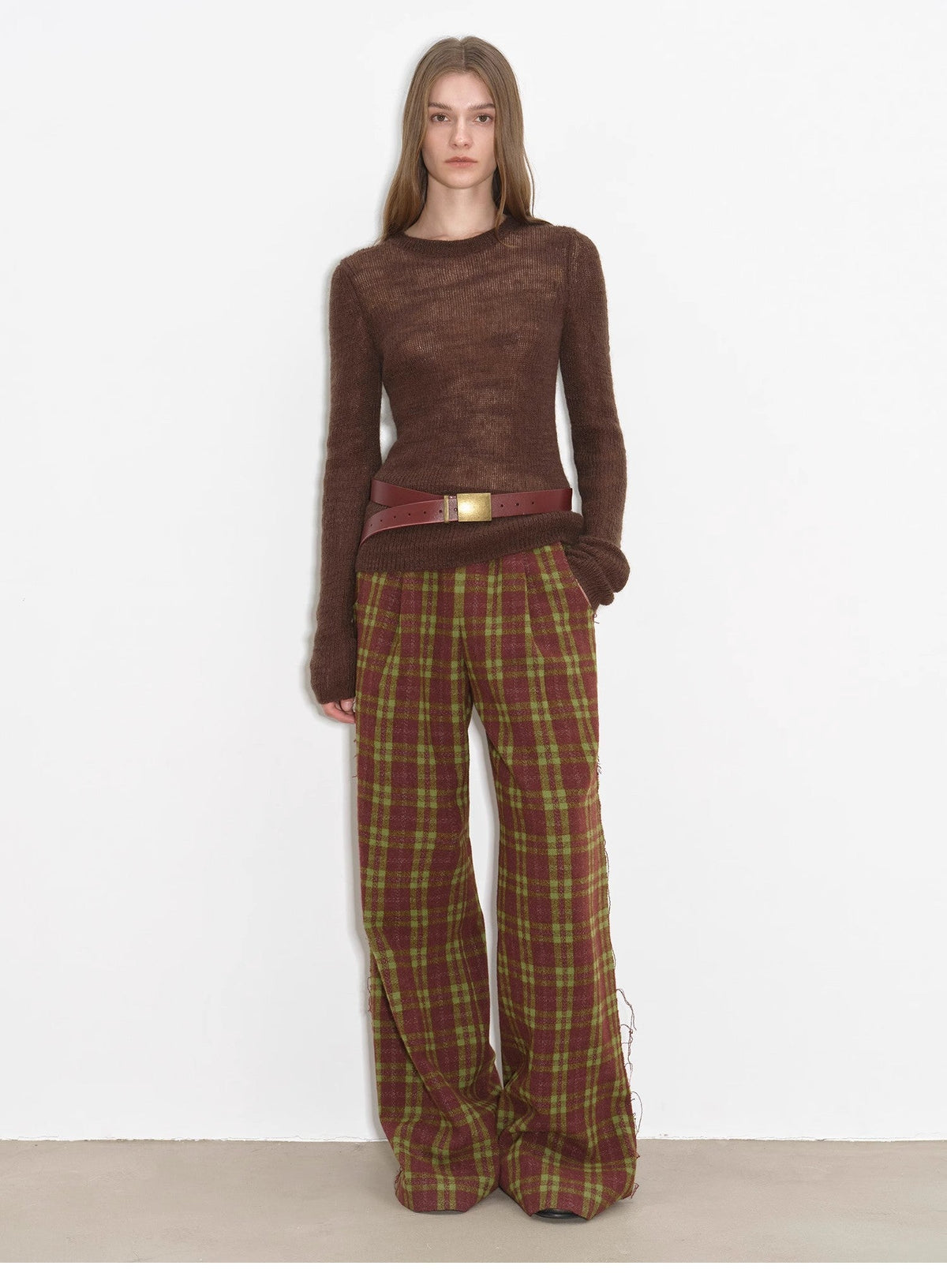 "Vintage Opportunity" High-Proportion Merino Wool Single Pleated Plaid Tweed Low-Rise Wide-Leg Casual Pants-0
