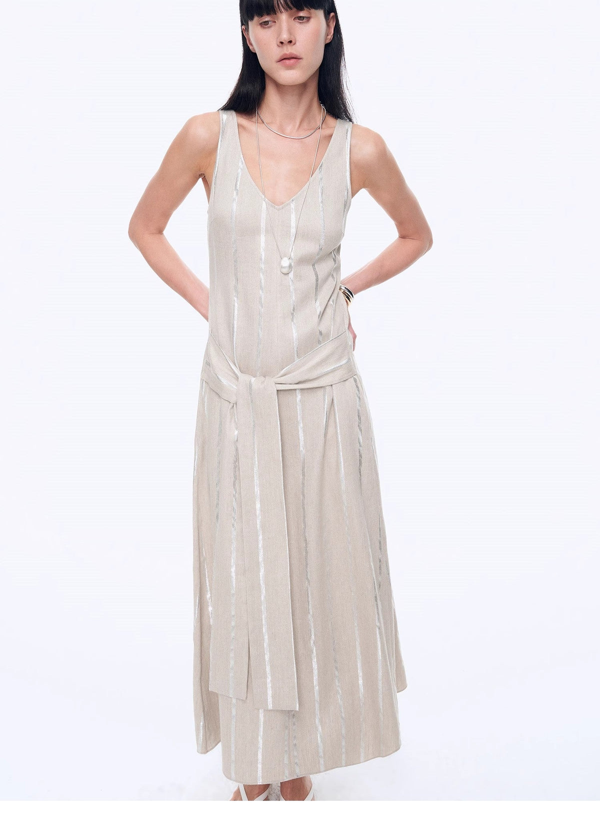 "Milan Holiday" Silver Striped Linen V-Neck Drape Dress-0