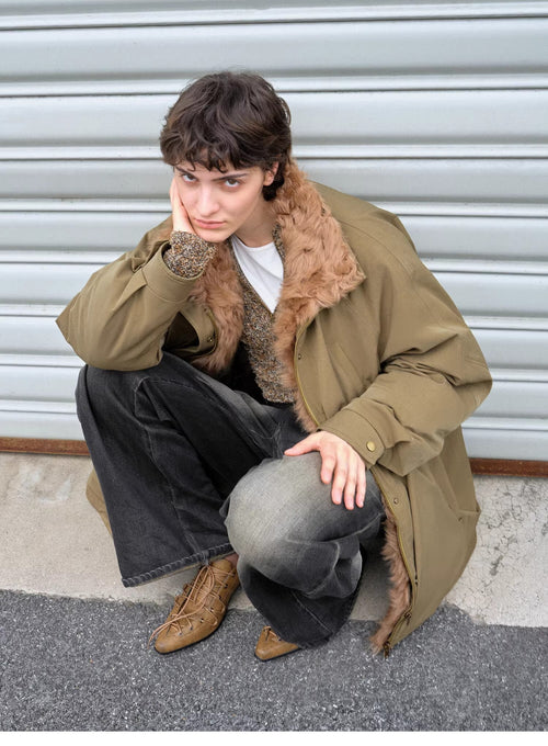 "Amber Pine Forest" fashionable Toka curly collar 90 goose down H-type drawstring mid-length parka down jacket-1