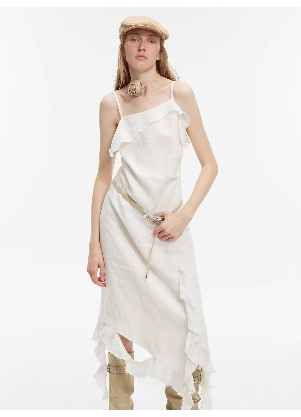 "Summer Whisper" Sand-washed Linen Sling Ruffled Irregular Fit Sling Dress-4