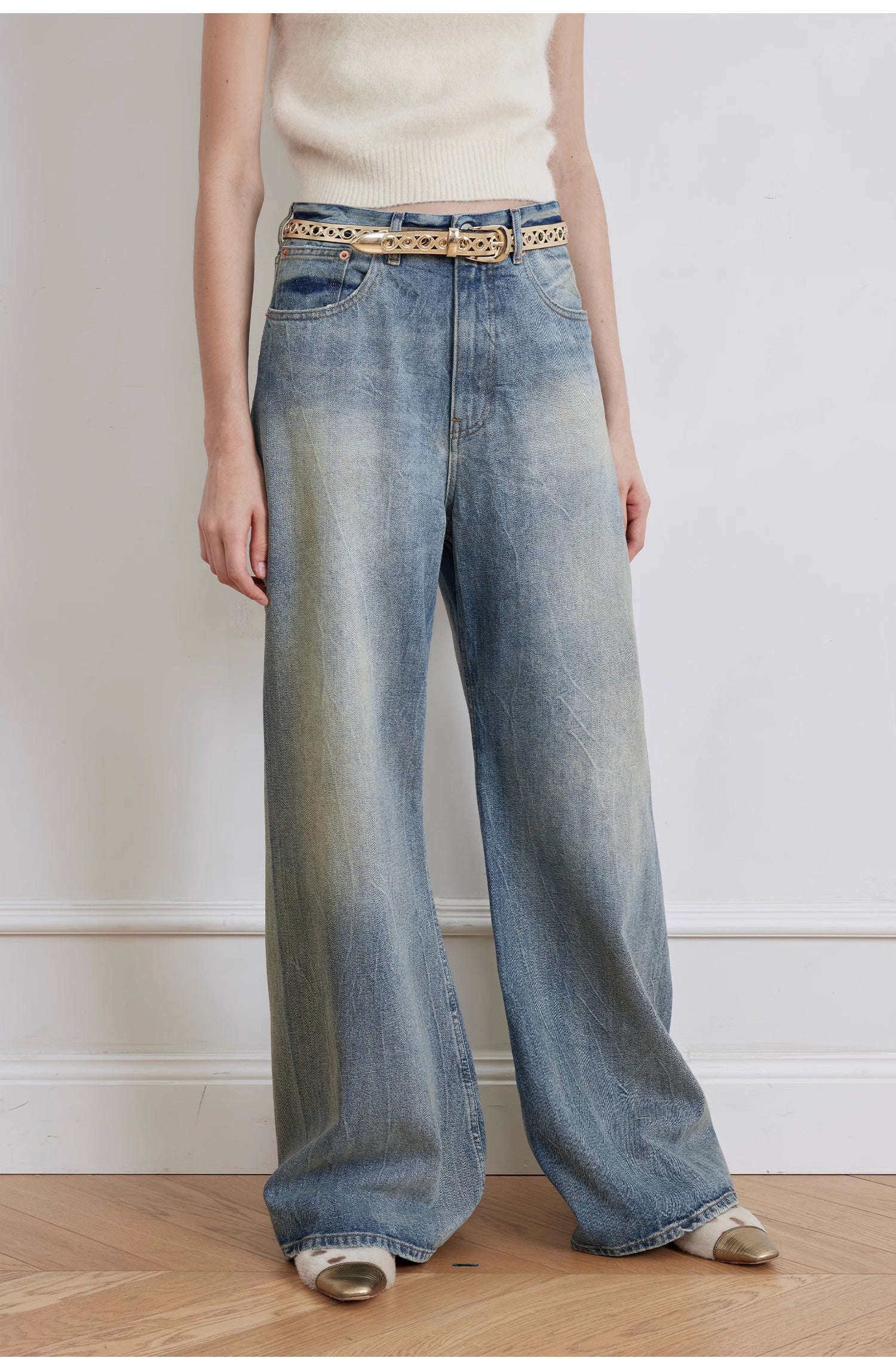 "Magic Dream" Retro Modern Washed Chicken Claw Wrinkled Jeans Women's Spacious Straight Wide Leg Pants-4