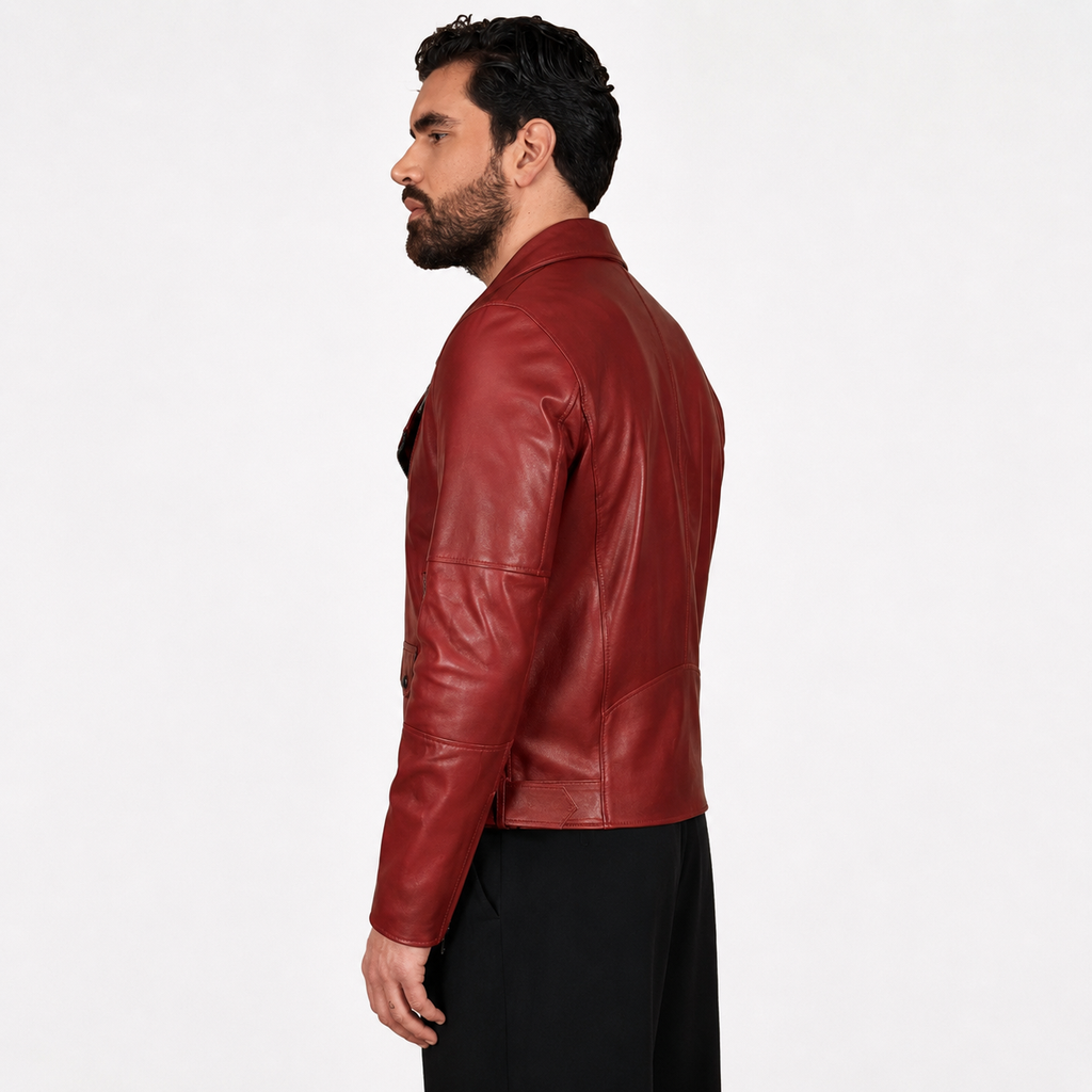Men’s Slim Fit Glossy Red USA Biker Leather Jacket-3